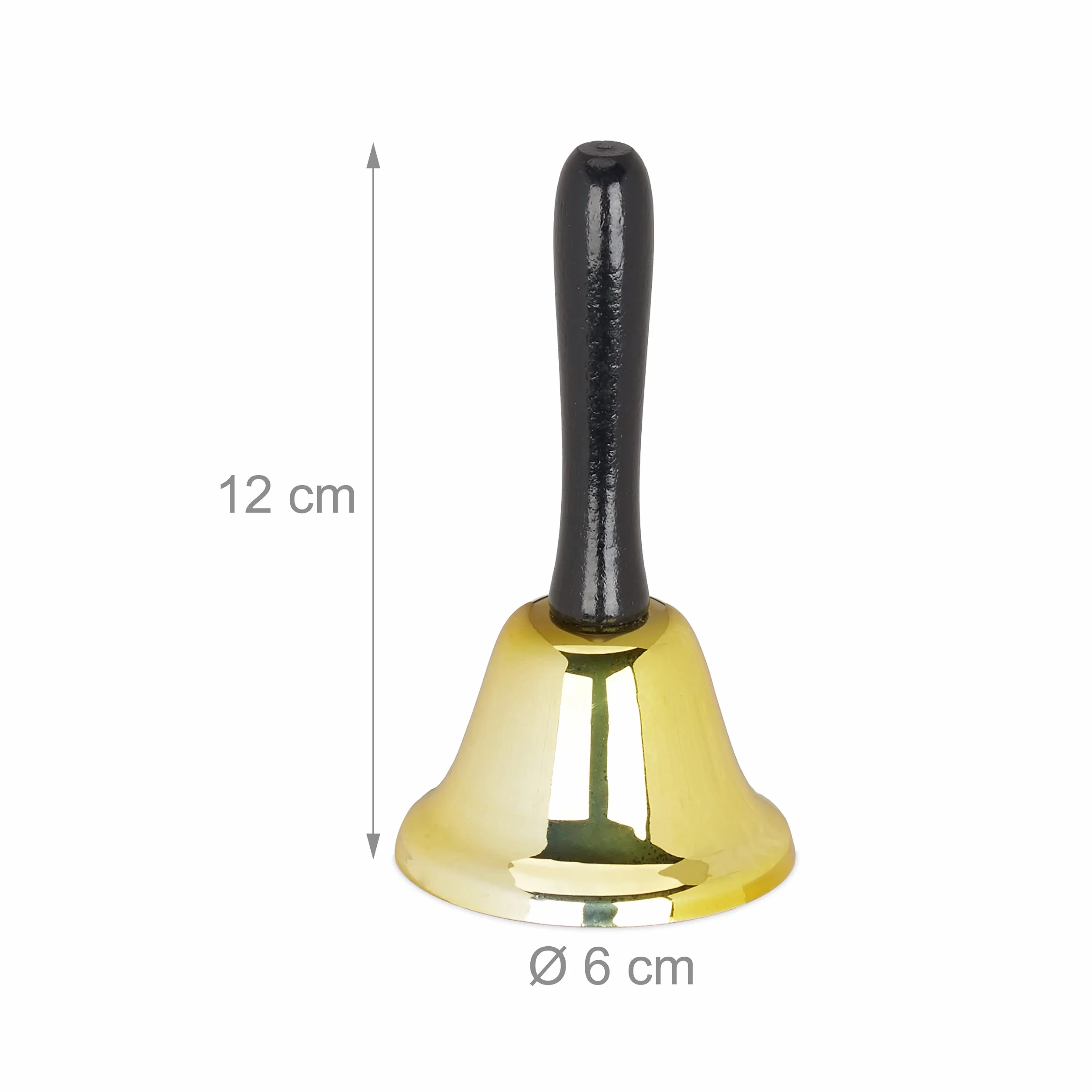 Relaxdays, Złoty dzwonek stołowy, głośny dźwięk, drewniany uchwyt, szkoła, recepcja, dekoracja bożonarodzeniowa, żelazo, 12 cm, drewno, standardowy