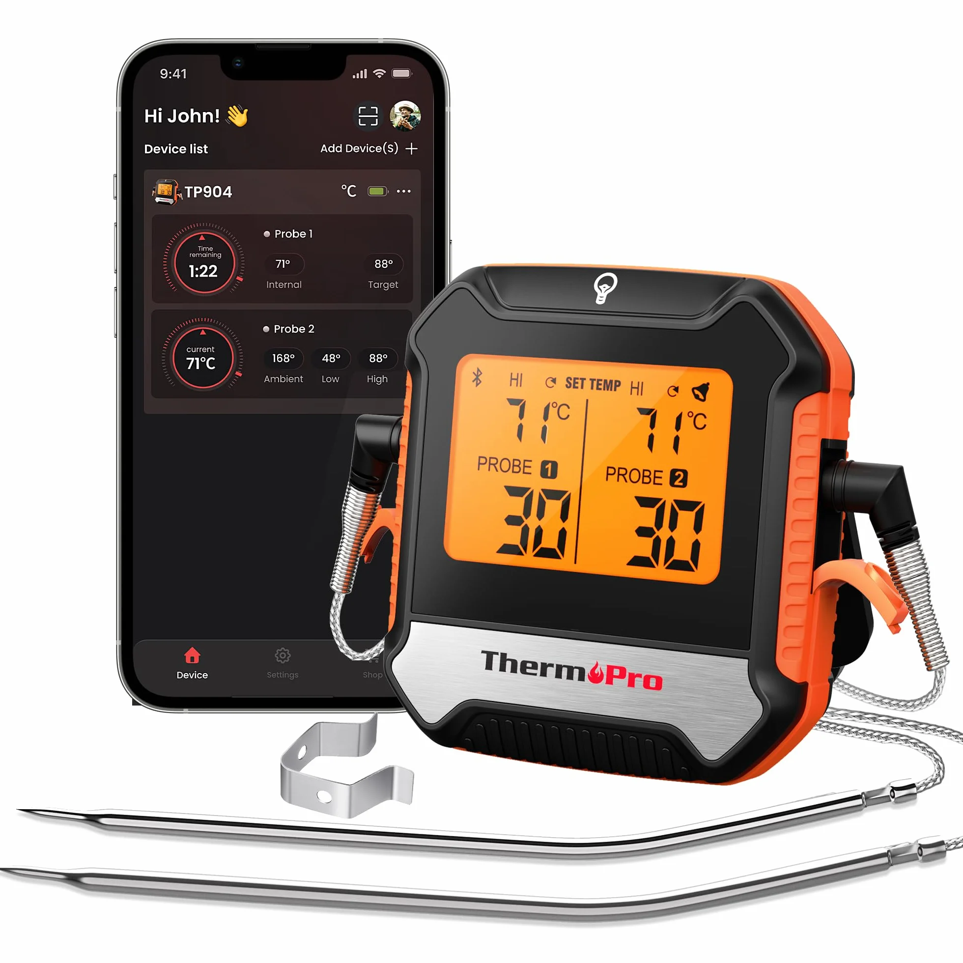 ThermoPro TempPro Termometr do mięsa Bluetooth 135m z 2 sondami, cyfrowy termometr grillowy z aplikacją, alarmem, precyzyjny do grilla, wędzarni, piekarnika, steków
