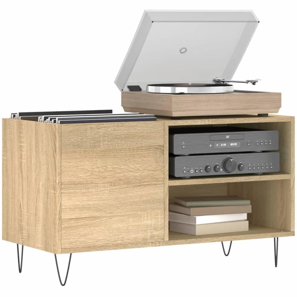 Szafka panelowa z dębu Sonoma 85 x 38 x 48 cm, materiał drewnopochodny ze stabilną nogą żelazną dla miłośników muzyki, miejsce do przechowywania płyt LP, gramofonu, szafki pod telewizor