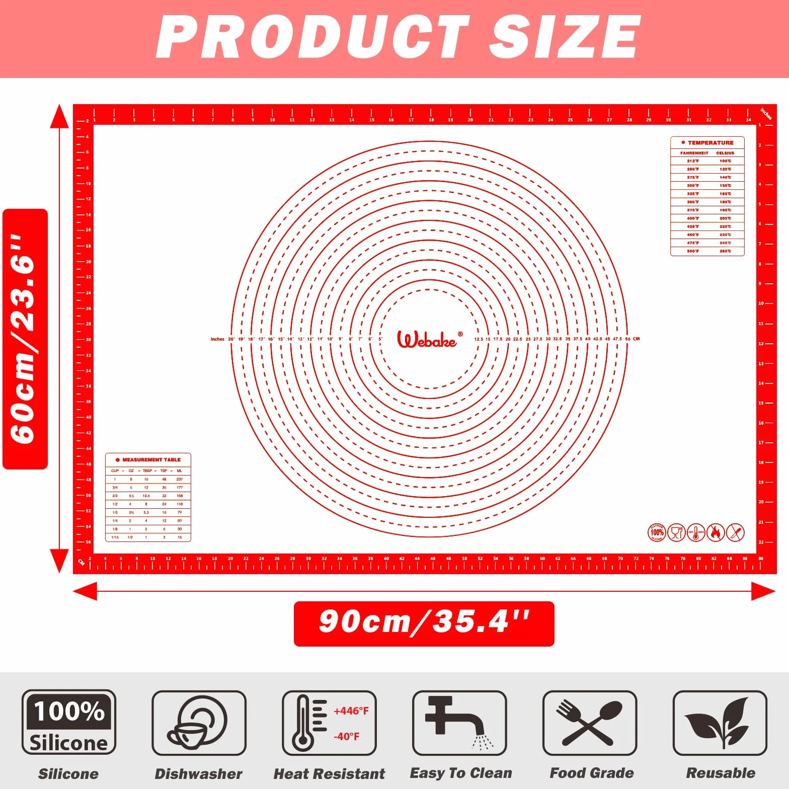 Webake Bardzo duża mata silikonowa 90 x 60 cm, mata do pieczenia ciasta z podkładką pomiarową, mata kuchenna, mata do ciasta, do pizzy, kremówki, chleba