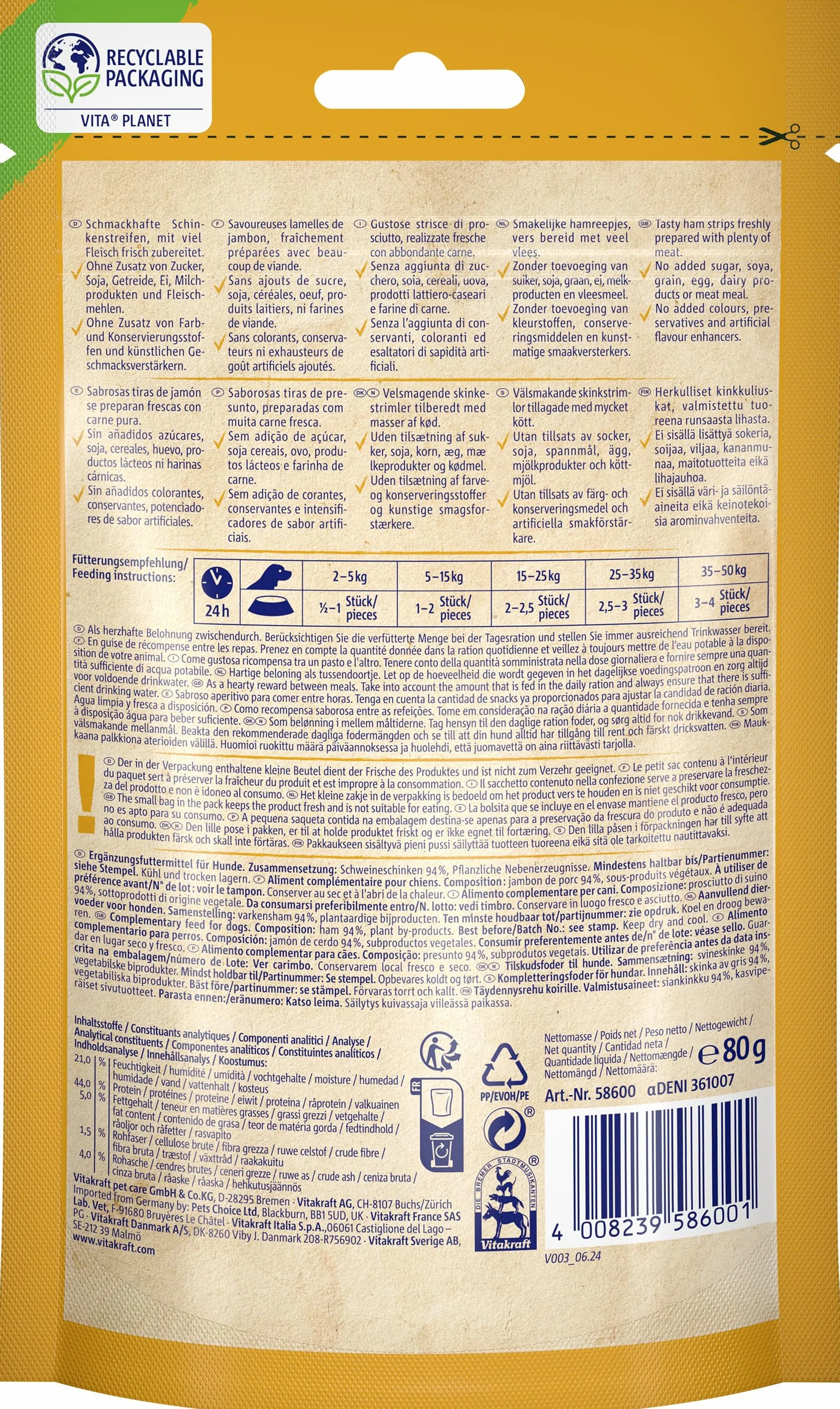 Vitakraft Przekąski mięsne, paski z szynką, smakołyki dla psów, bez zbóż, w zamykanym woreczku, bez dodatku cukru (1 x 80 g)
