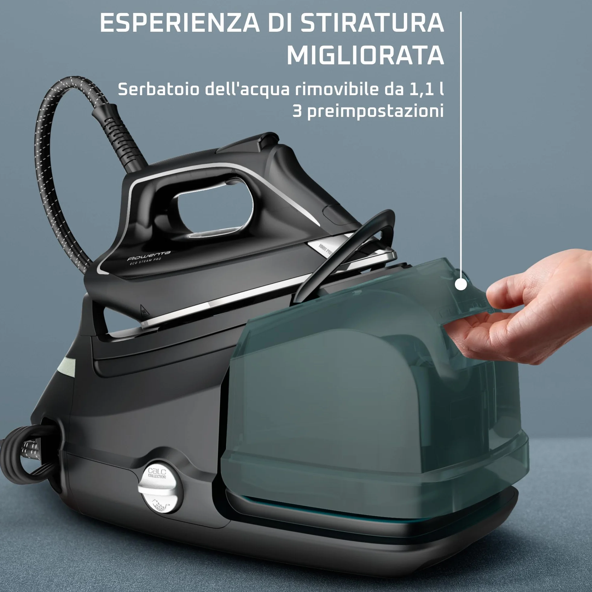 Rowenta DG9610 Eco Steam Pro stacja parowa, 2800 W, moc 7,6 bar, moc pary 140 g/min, uderzenie pary: 460 g/min, Eco Design, technologia Silence, pojemność 1,1 litra, kolor czarny/eukaliptus