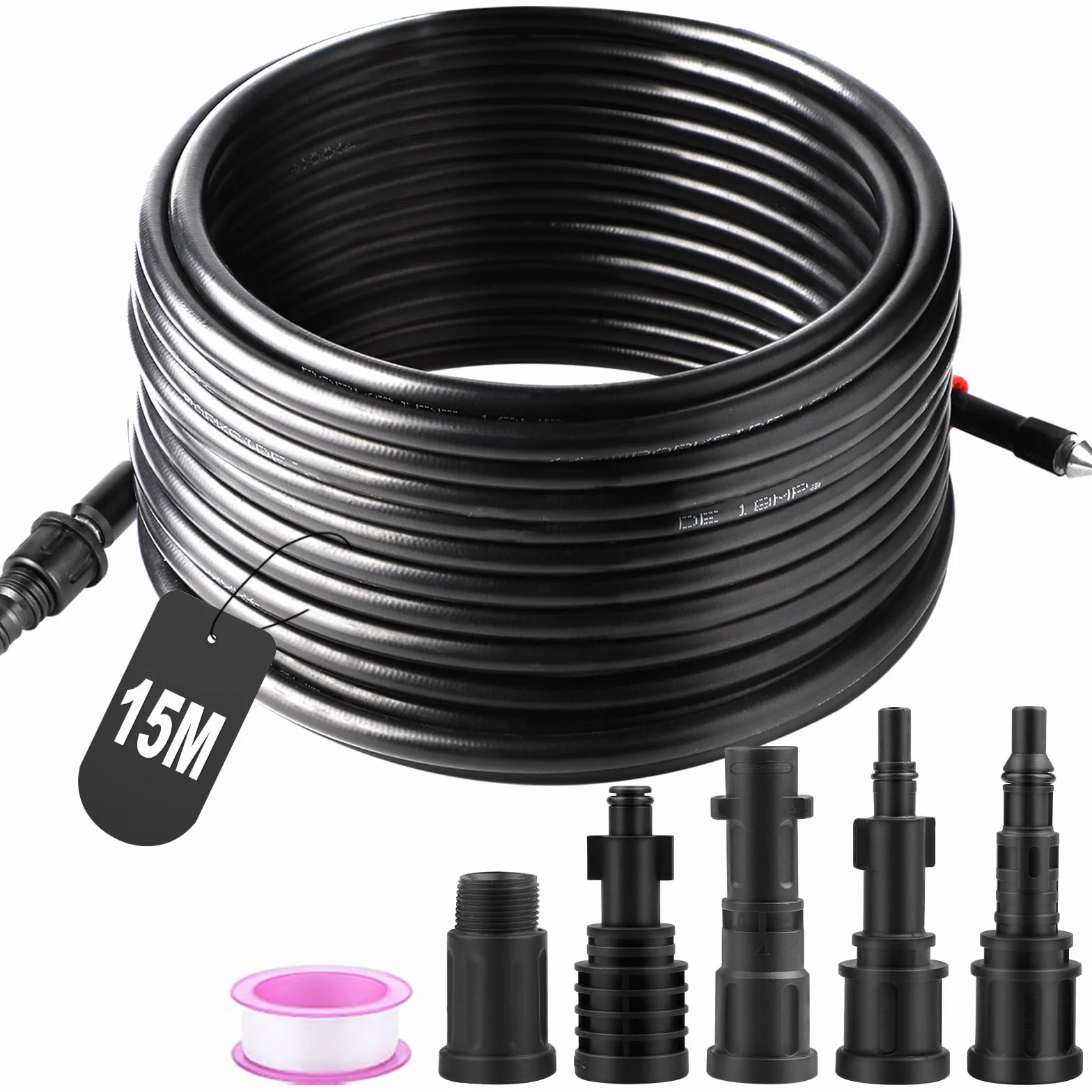 SWAWIS Wąż do czyszczenia 15 m, 180 bar, 60 °C, zestaw do czyszczenia rur, 5 adapterów Kärcher/Lavor/Interpump/Bosch