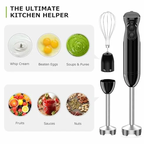 Bonsenkitchen Elektryczny blender ręczny 3 w 1, 1000 W, z miarką i trzepaczką, bezstopniowa regulacja prędkości do koktajli mlecznych, puree, sosów, HB3202 (czarny)