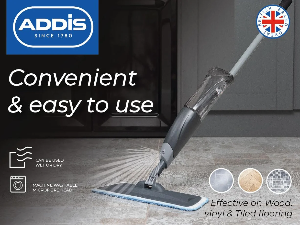 Addis Mop natryskowy 2 w 1 z płaskim mopem z mikrofibry, 40 x 12 x 128 cm