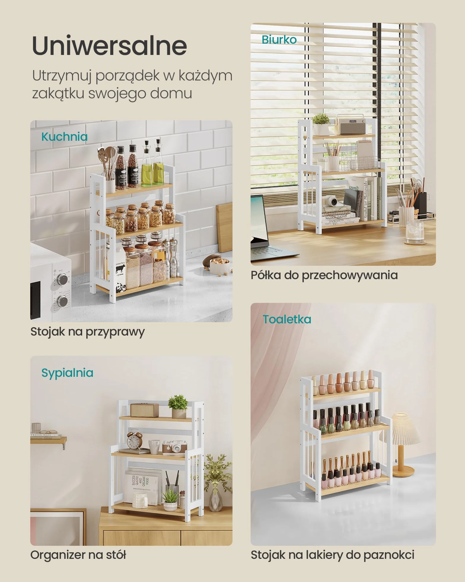 SONGMICS 3-poziomowy stojak na przyprawy Półka kuchenna Regał do przechowywania Blat roboczy Bambusowy stojak Kuchnia Jadalnia Biuro Naturalny dąb OFS047Y01