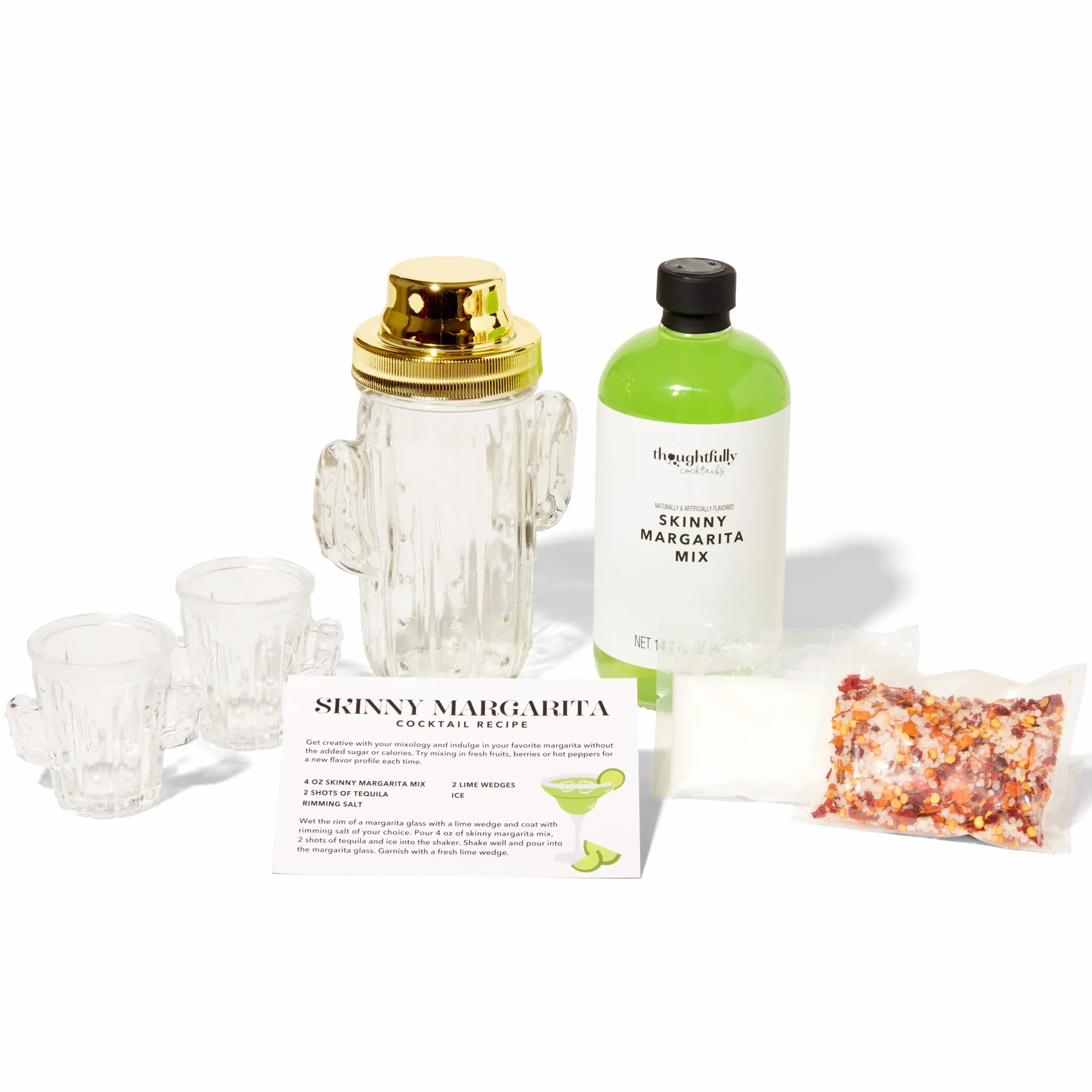 Thoughtfully Skinny Margarita Cocktail Gift Set Zestaw koktajlowy, mieszacz do margarity w zestawie, szklany shaker w kształcie kaktusa, 2 kieliszki w kształcie kaktusa, 2 sole smakowe, bez alkoholu