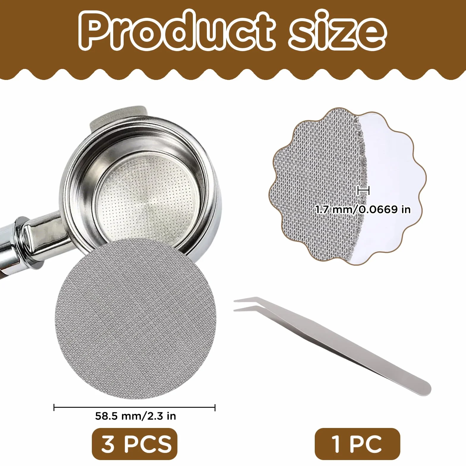 3 sztuki sitka Puck 58,5mm, grubość 1,7mm, sitko espresso do kolb 58mm, 150μm filtr do kawy ze stali nierdzewnej 316 z szczypcami, filtr do kawy wielokrotnego użytku