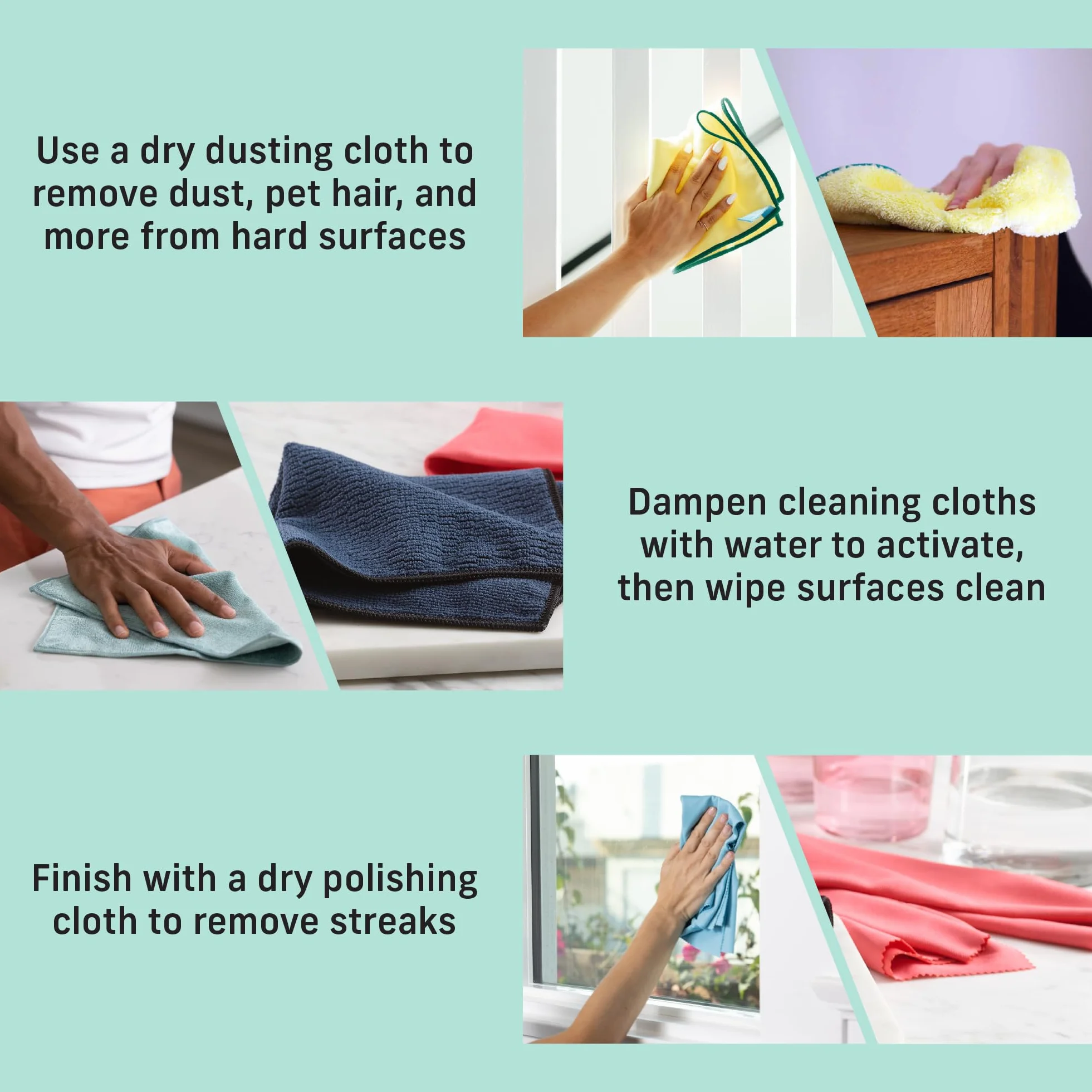E-Cloth 6-pc Home Cleaning Essentials, Contains Multiple Microfiber Cleaning Cloths for a Streak-Free Clean Glass, Window, Kitchen, Dust, Granite, and Marble, 100 Wash Promise