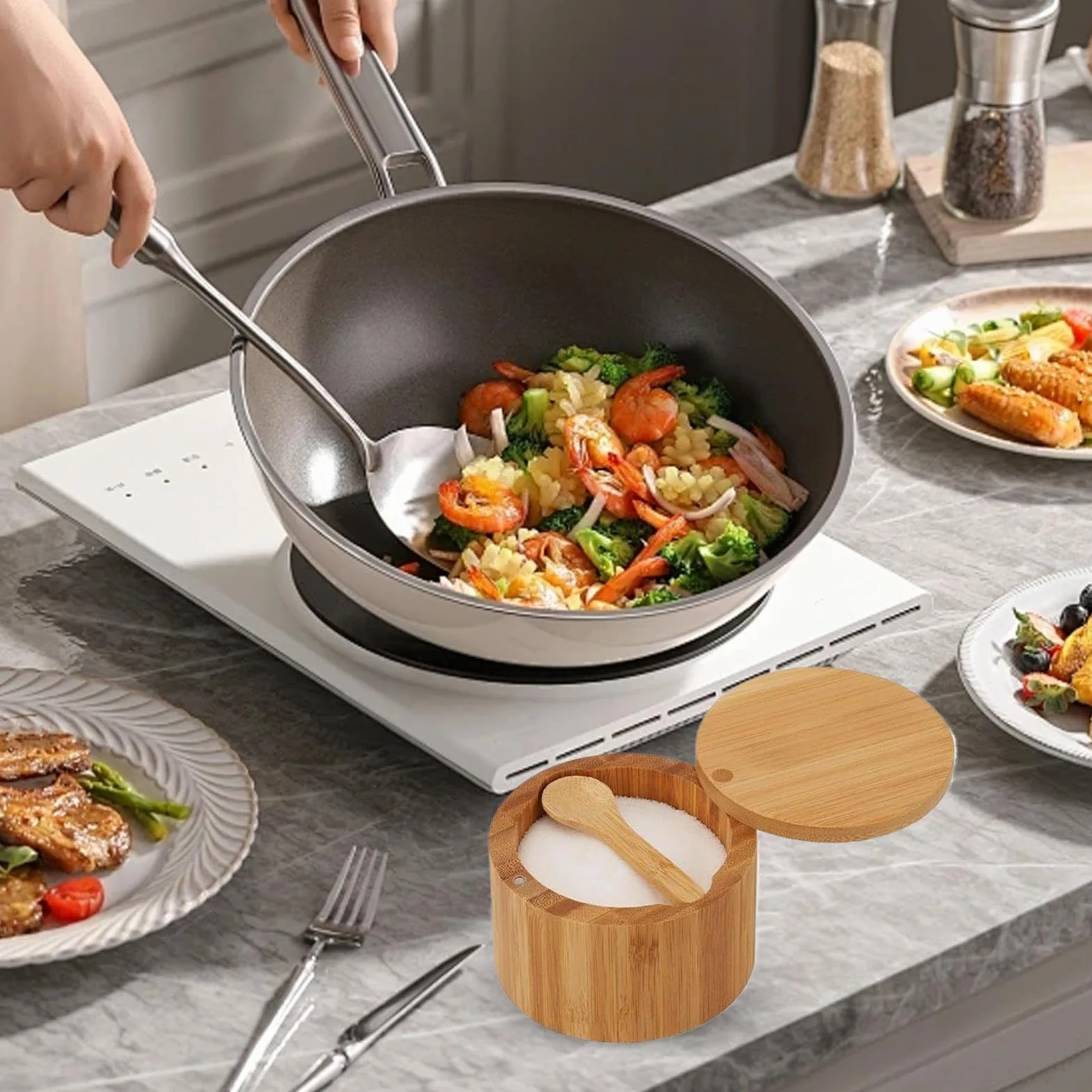 Wood Salt Cellar Bowl Box, Magnetic Lid Seasoning Holder, Lightweight Wooden Seasoning Containers, Perfect for Kitchen Countertops, Pantry Storage & Organizing