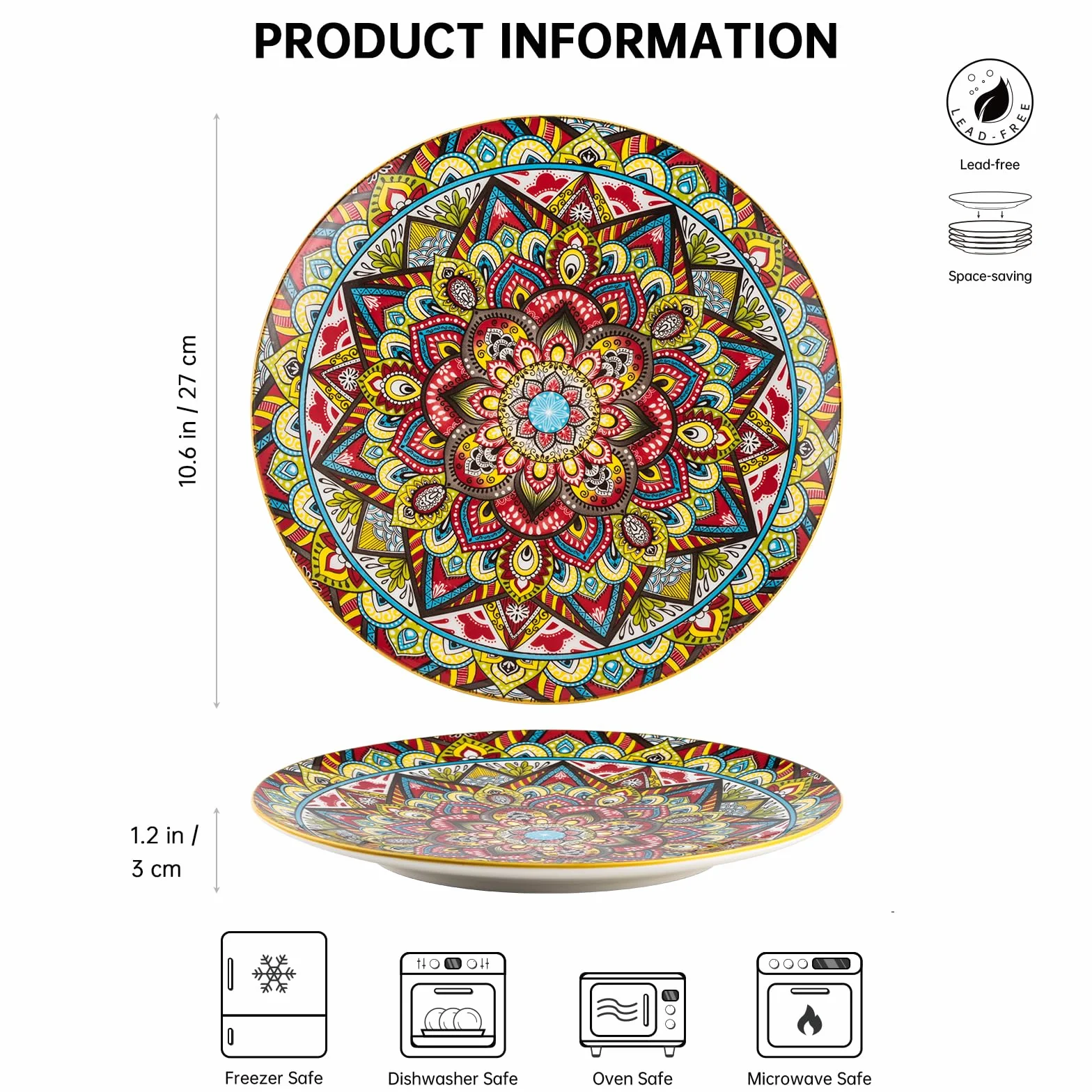 Henten Home Zestaw talerzy – 25 cm, porcelanowe duże okrągłe talerze do jadalni, zestaw 6 sztuk, okrągły talerz na śniadanie/deser ze wzorem, styl boho