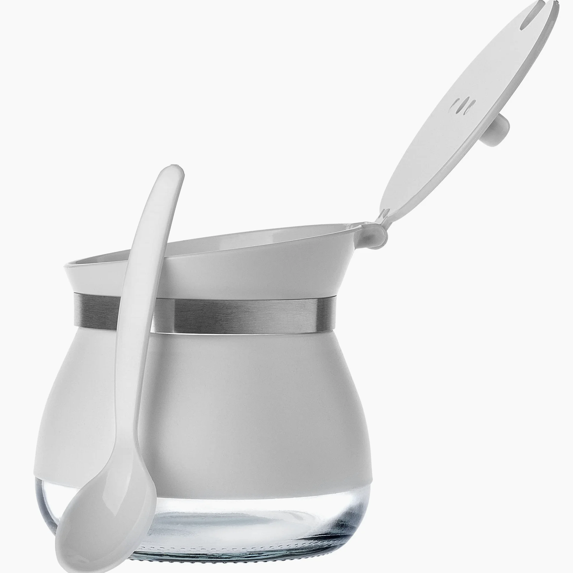 KADAX Cukiernica szklana z łyżeczką i pokrywką, 270 ml, 9x9 cm, kolor biały - elegancki pojemnik na cukier do kuchni i serwowania herbaty, szczelne zamknięcie, łatwe dozowanie