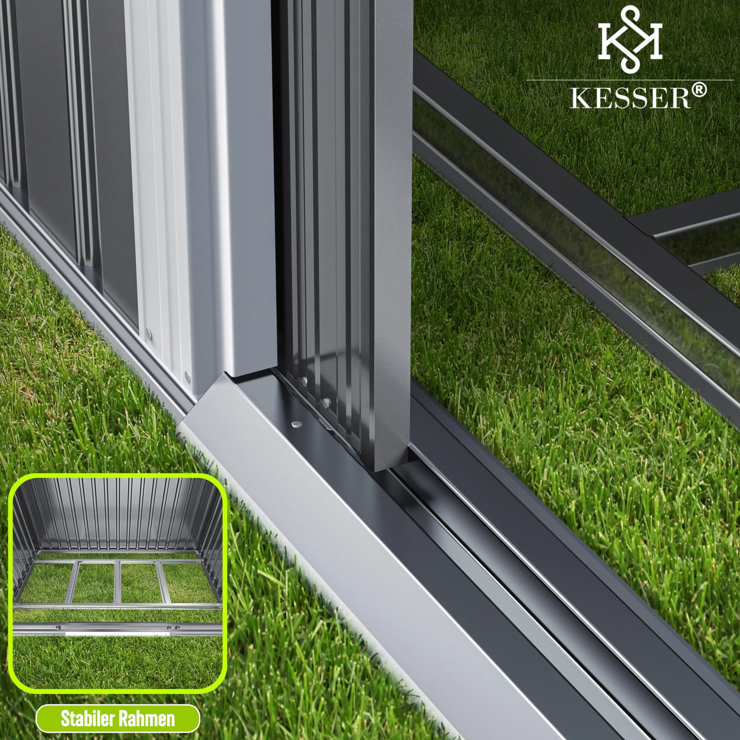 KESSER® - Domek na narzędzia L metalowy 4 m³ z fundamentem | 210 x 132 x 186 cm | 2 x drzwi przesuwne i fundament | szopa na narzędzia | szopa ogrodowa | szopa ogrodowa | dach jednospadowy szopa