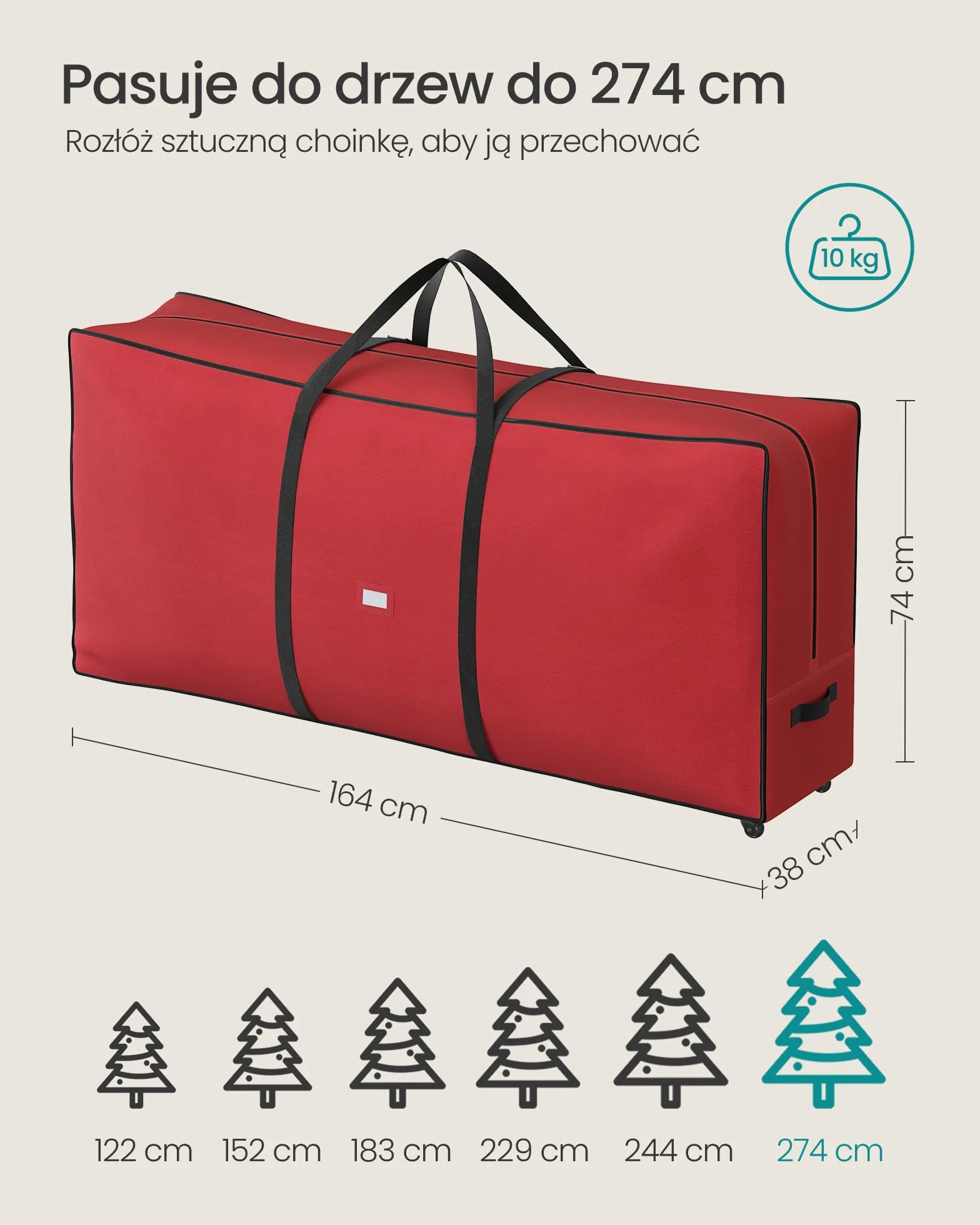 SONGMICS Torba na choinkę z kółkami 4 cm, skrzynia na choinkę do 229 cm, na zdejmowane drzewko, regulowane uchwyty, tkanina Oxford 600D, wiśniowa czerwień RXS004R03