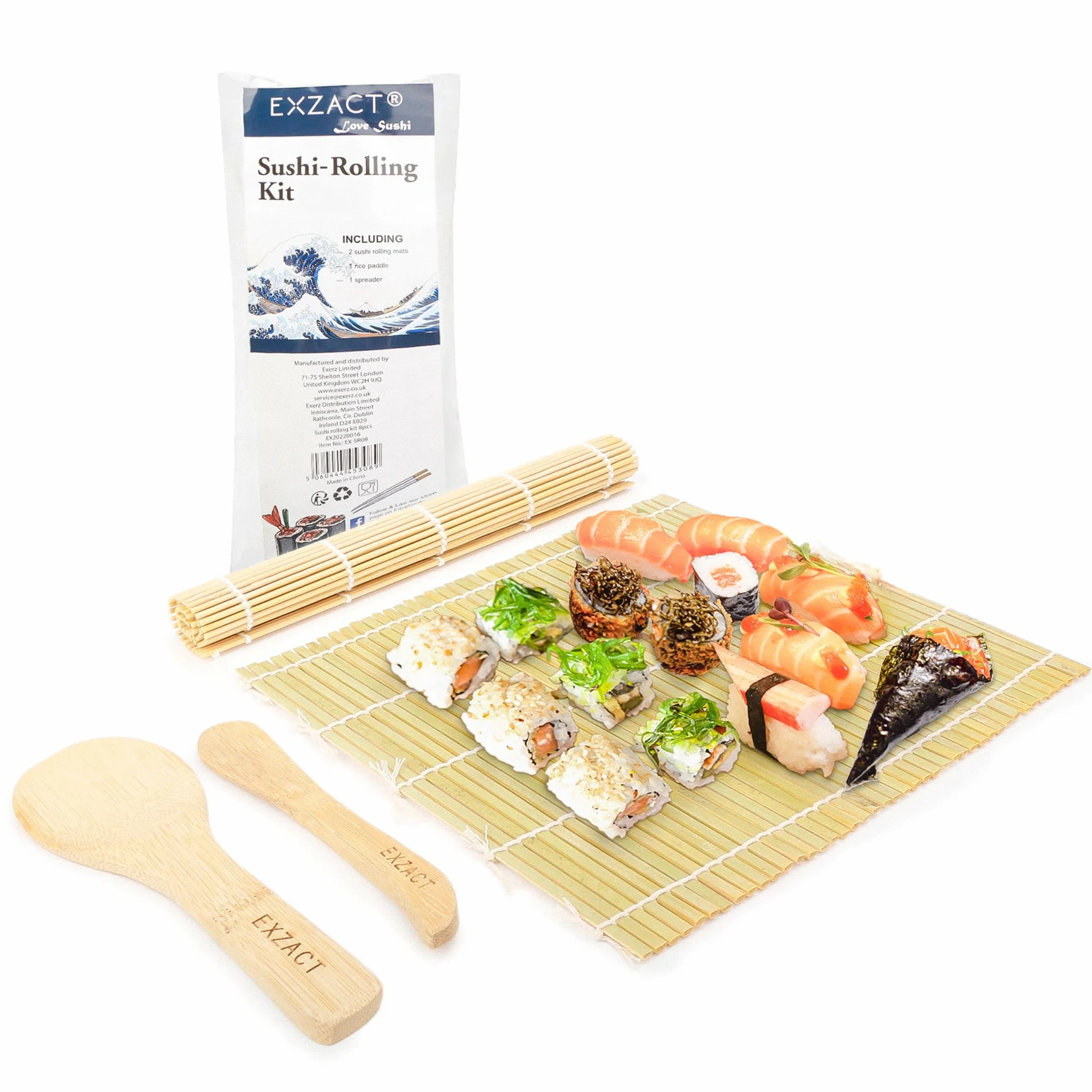 Exzact EX-SR04 4-częściowy zestaw bambusowych rolek do sushi, 2 x maty, 1 x wiosło do ryżu, 1 x rozsiewacz ryżu, całkowicie naturalny