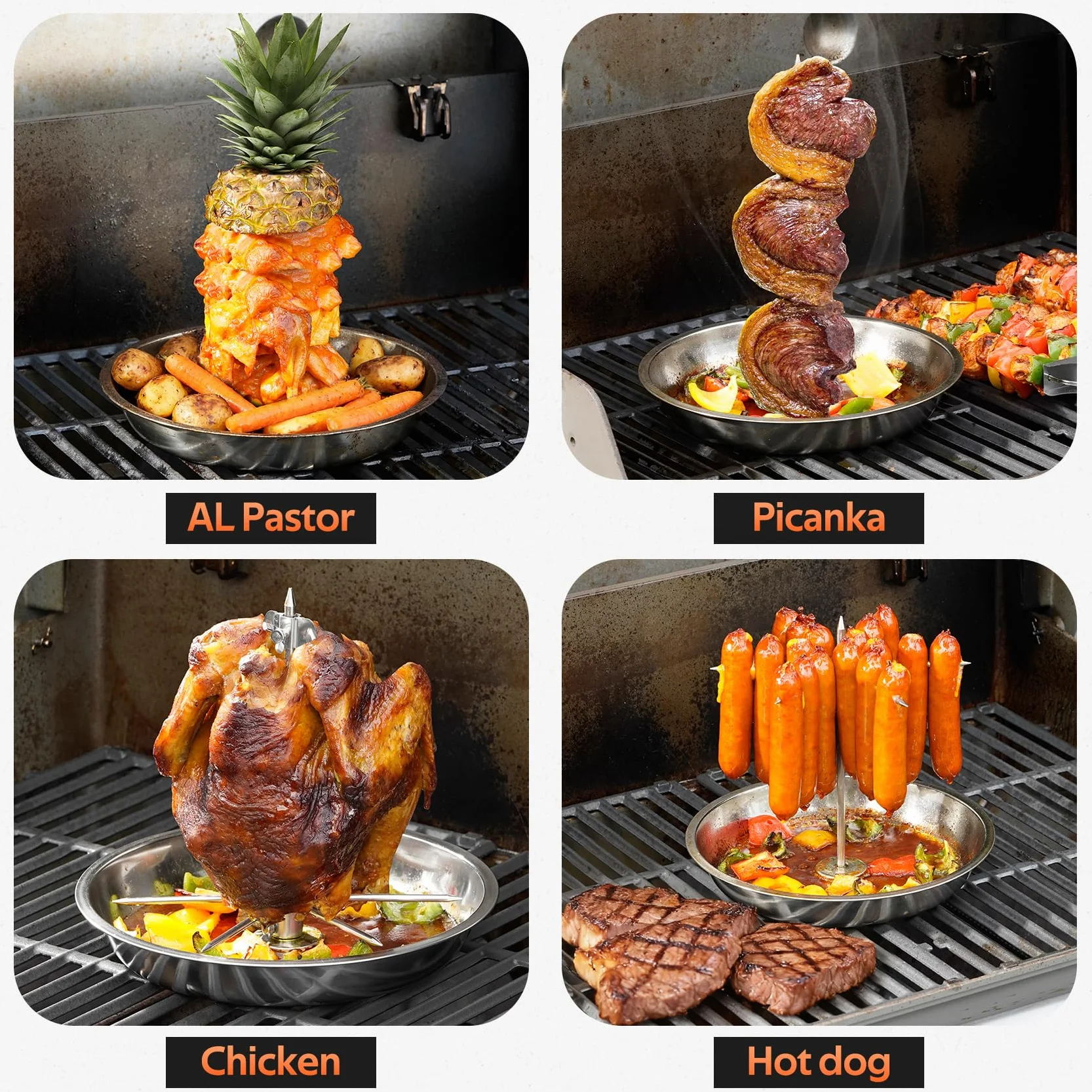 Onlyfire Pionowy rożen z wyjmowanym uchwytem do mięsa, pionowy rożen ze stali nierdzewnej z 2 różnymi uchwytami do brazylijskiego BBQ, całego kurczaka, indyka, rożna do piekarnika, grilla gazowego