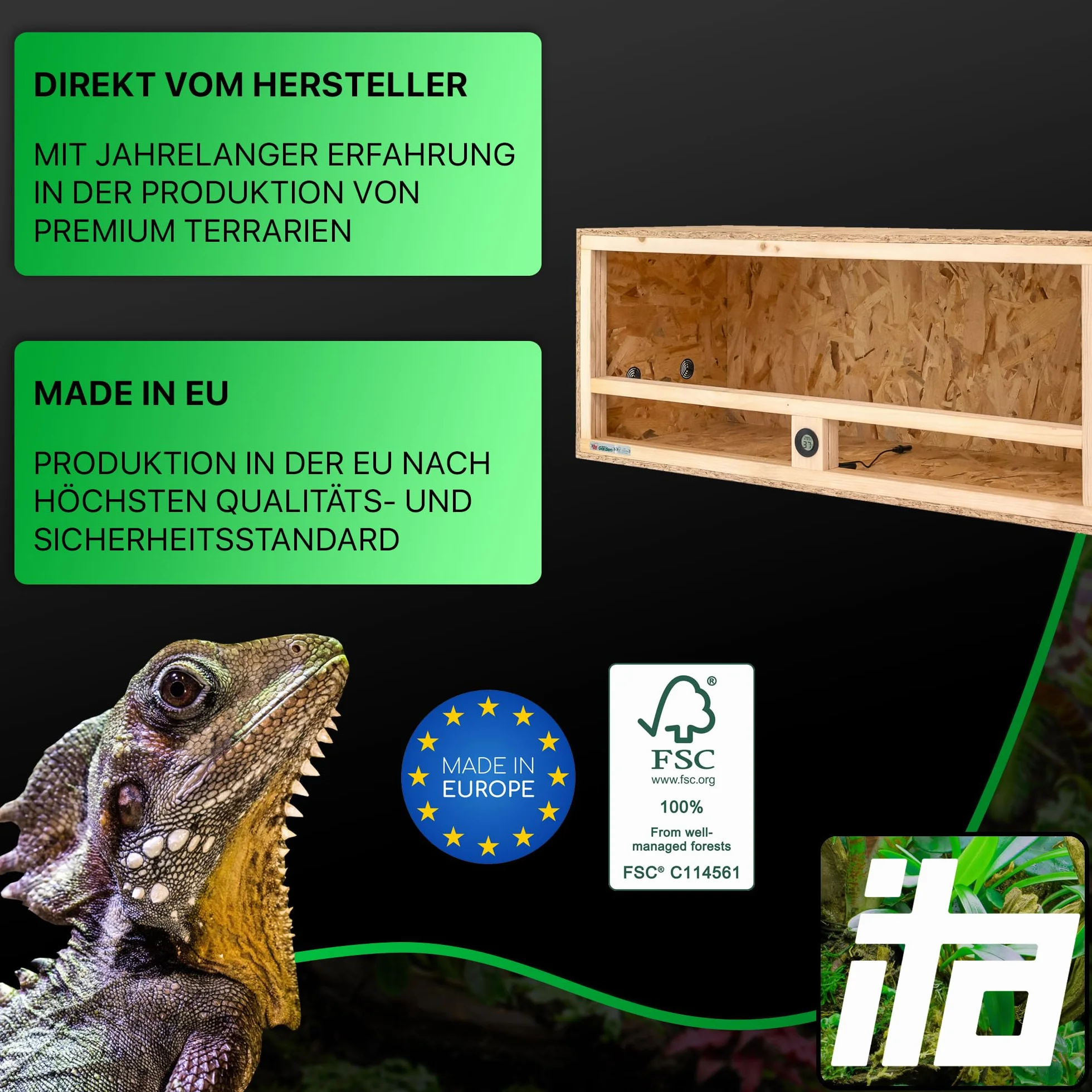 ITA Drewniane terrarium 100x40x40 cm OSB-3 zintegrowana wentylacja higrometr dla gadów