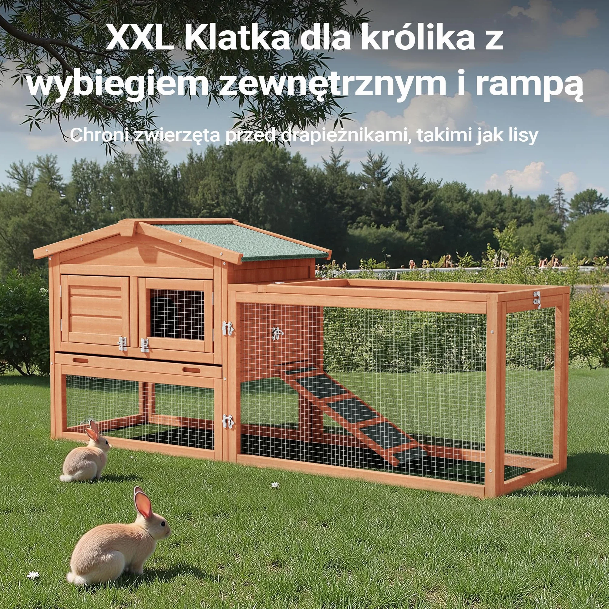 Klatka dla królików Wiltec XXL 1560 x 520 x 680 mm z wybiegiem i podwyższoną budką z drewna świerkowego, klatka dla królików z 2 piętrami, klatka dla małych zwierząt