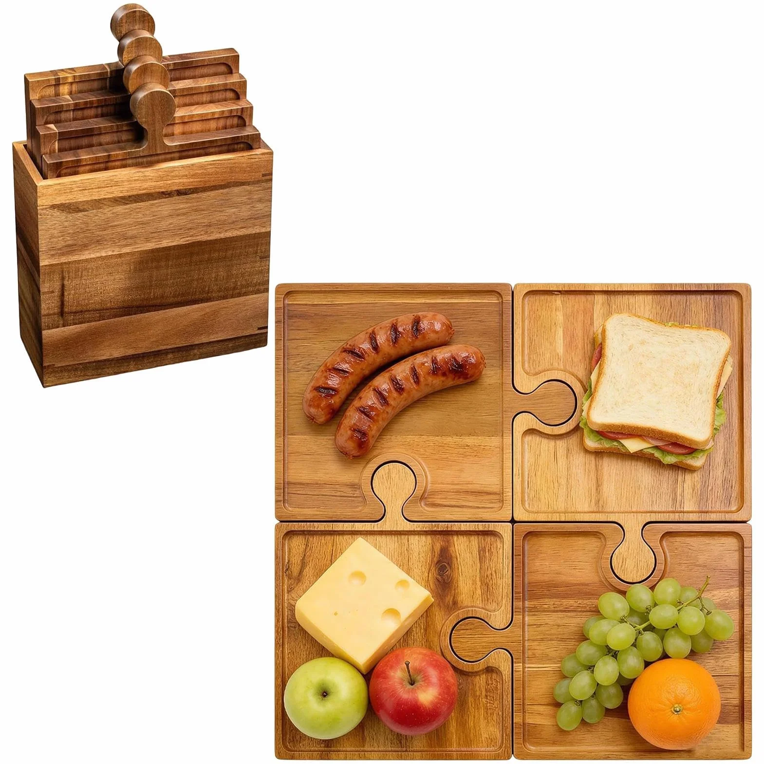 Zestaw Desek do Serów 4-Częściowy Drewniany Komplet z Uchwytem | Kuchenna Deska Serów w Kształcie Puzzle Do Przekąsek, dla Rodziny, do Mieszkania, na Kemping, Piknik i Przyjęcie Domowe