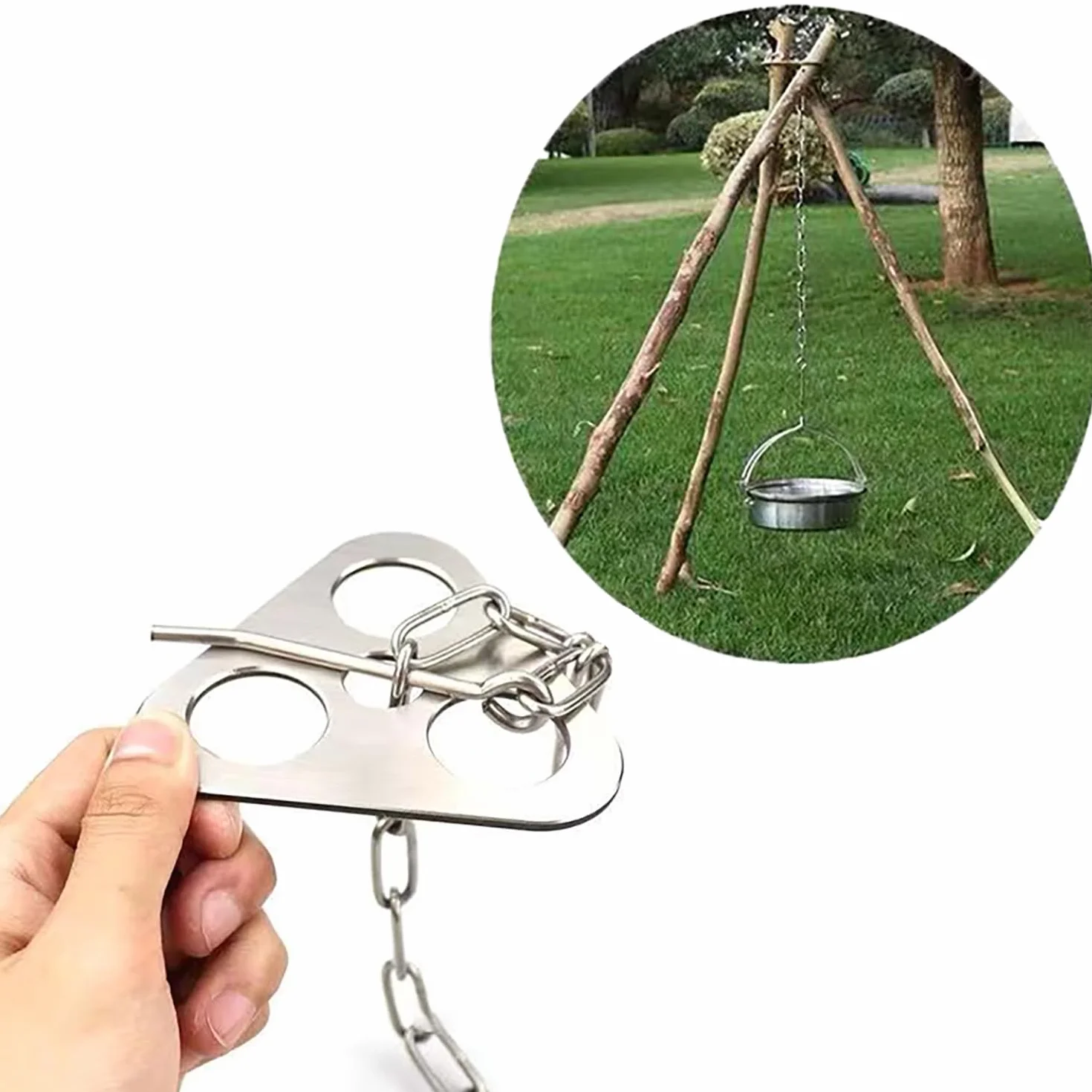 Statyw piknikowy ze stali nierdzewnej, wsparcie paleniska – 1 sztuka, srebrny, z regulacją wysokości, stabilny i trwały z haczykiem na łańcuszek, do kuchni na świeżym powietrzu, na kemping