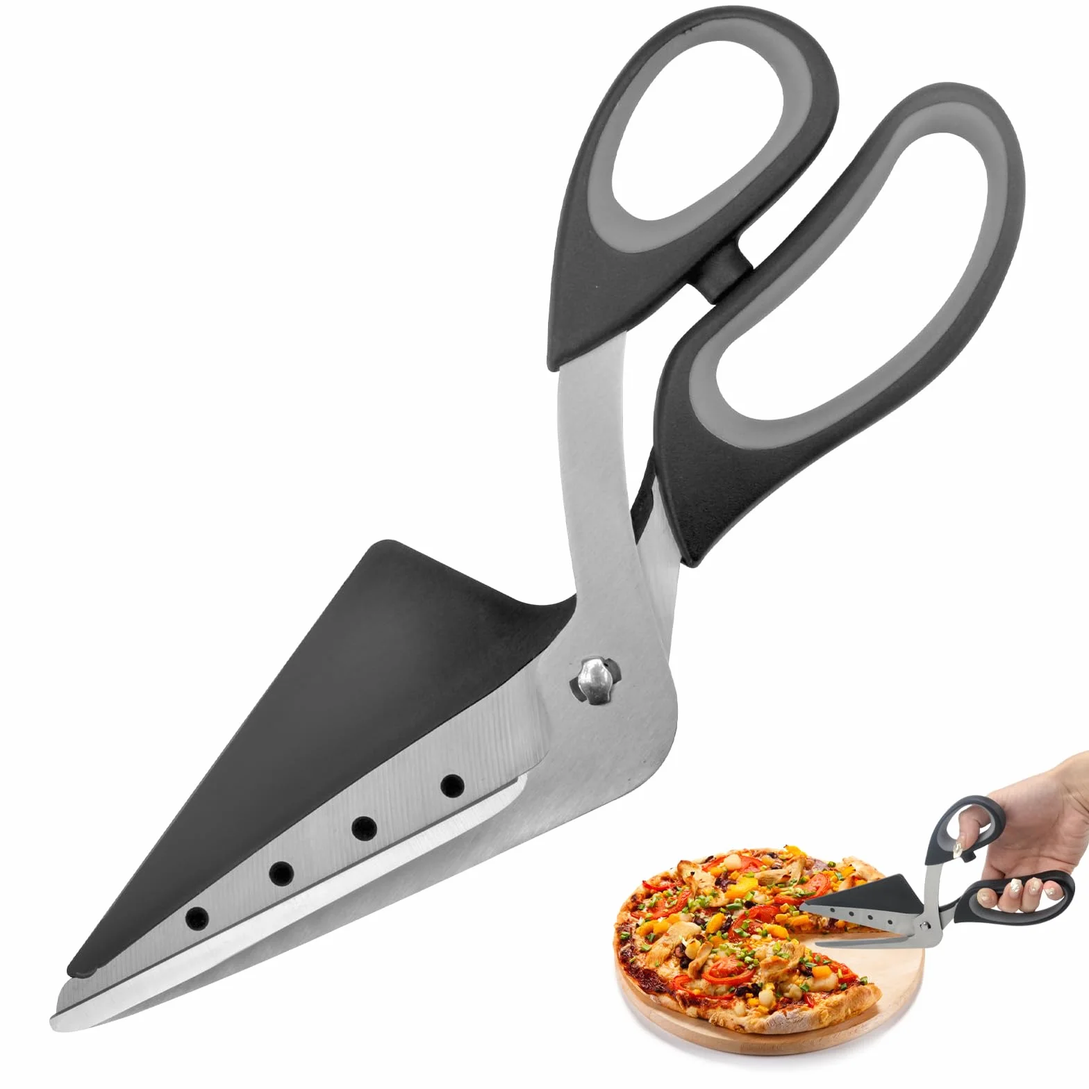 DAWRIS Nożyczki do pizzy, nożyce z łopatką, ostre z stali nierdzewnej, miękki uchwyt, wielofunkcyjne kuchenne, do mycia w zmywarce, 27 cm