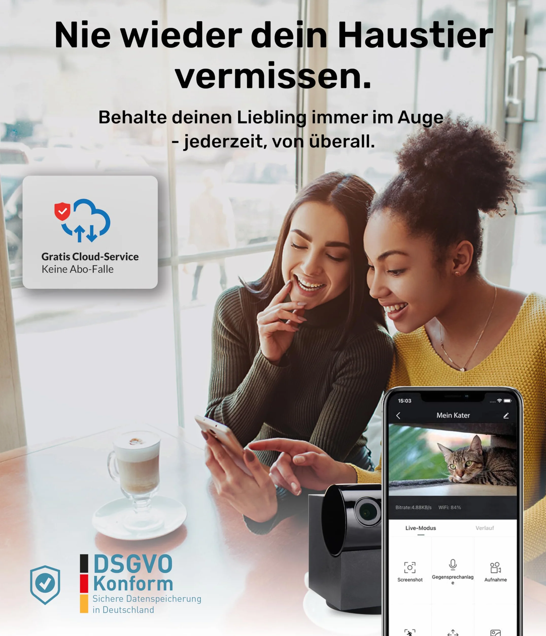 PetTec Cam 360° Dog Camera z aplikacją, WiFi, funkcją głosową i noktowizją do domu - Pet Security Camera Full HD - Kamera dla zwierząt domowych dla psów i kotów, kamera dla zwierząt domowych