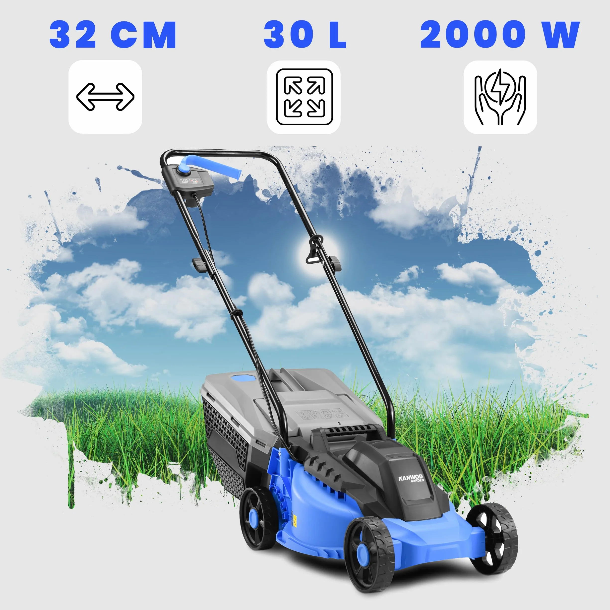 Elektryczna kosiarka do trawy Kanwod 1200 W, szerokość cięcia 34 cm, kosz 30 litrów, wysokość cięcia regulowana na 3 poziomach od 30 do 70 cm, 3400 obr/min