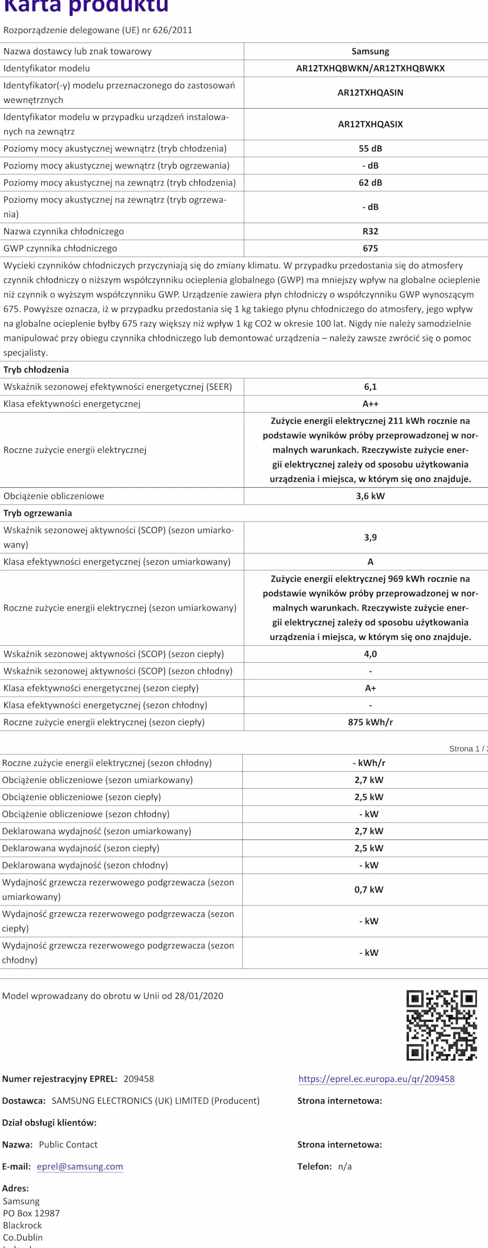 Samsung AR30 Malibu, Klimatyzacja Monosplit w pompie ciepła, 12000 BTU, GAS R32, AR12TXHQBWKNEU+AR12TXHQBWKXEU, [Klasa efektywności energetycznej A++/A]