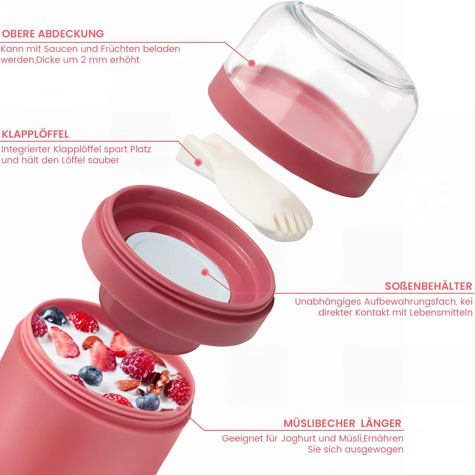 Bugucat Kubek na musli to Go 520 ml + 250 ml, praktyczny kubek na jogurt z łyżeczką, szczelny, z pudełkiem na sosy, pudełko na musli, pudełko na lunch dla dzieci i dorosłych, różowy
