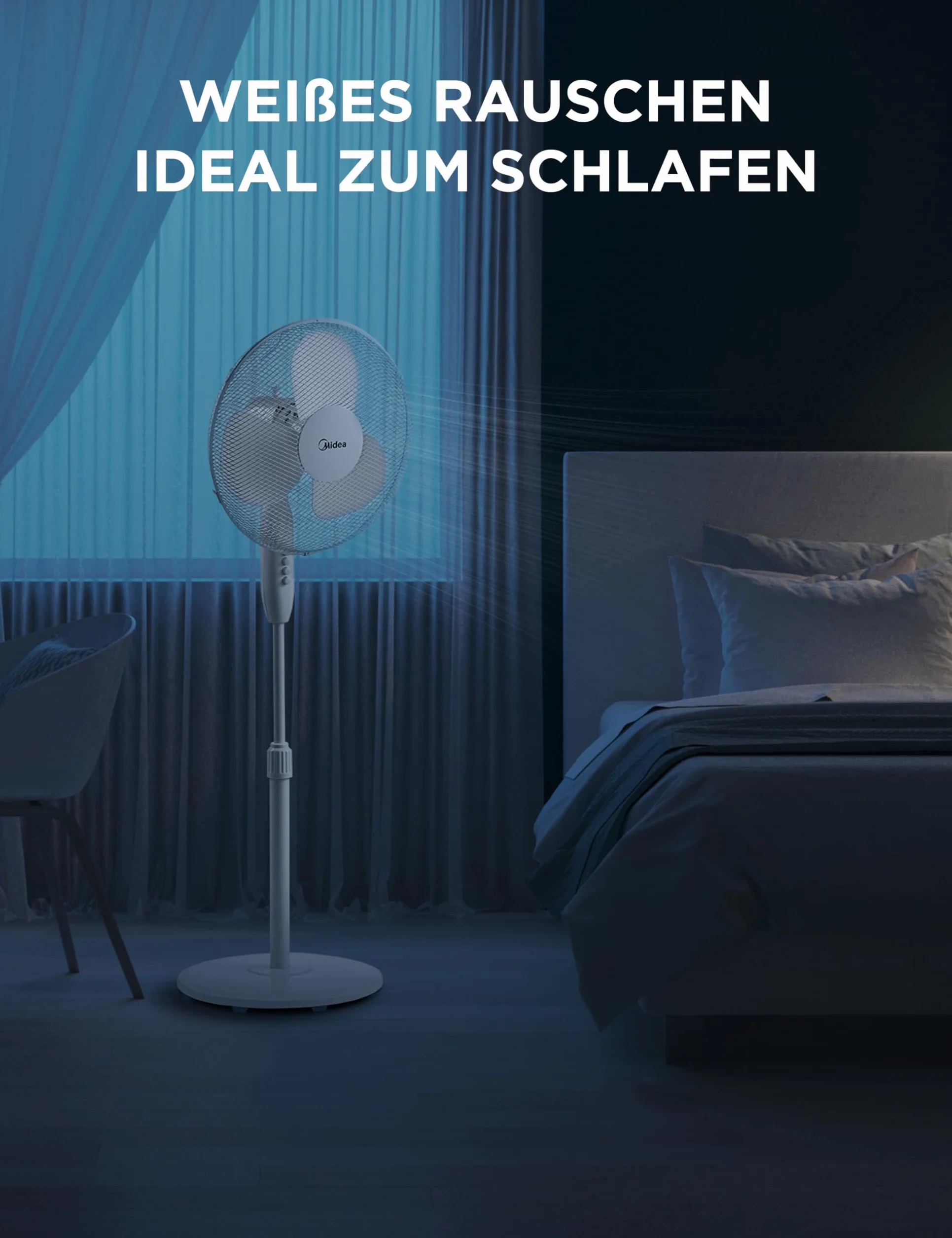 Midea FS40-16JA wentylator stojący, duża siła wiatru, duża objętość powietrza, moc 40 W, cicha praca 55 dB-65 dB, regulacja wysokości: do 130 mm, regulacja trzech prędkości