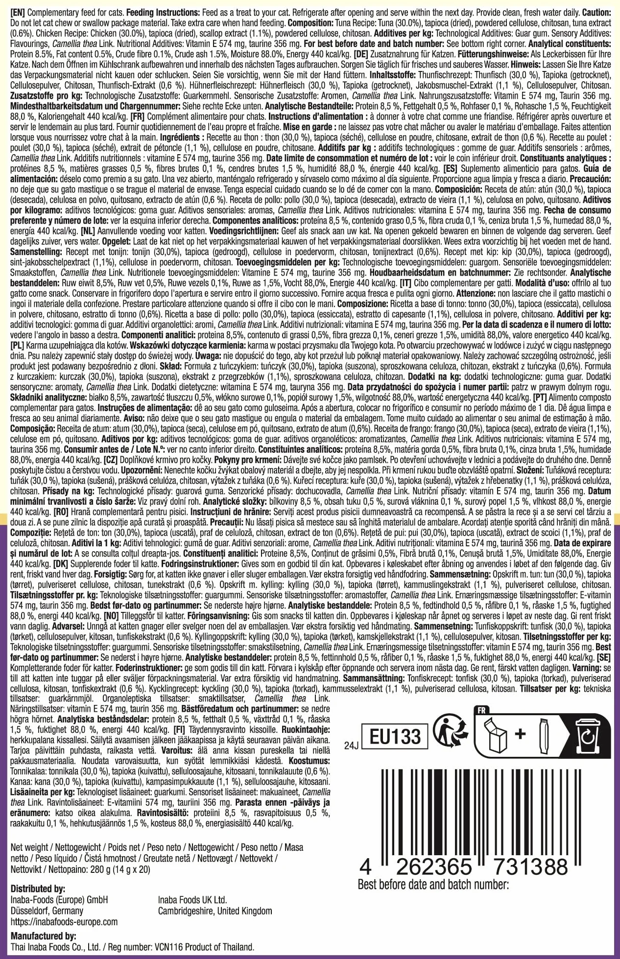 INABA Churu Hairball Control przysmaki dla kotów z tauryną i włóknem, kurczak i tuńczyk, 20 x 14 g