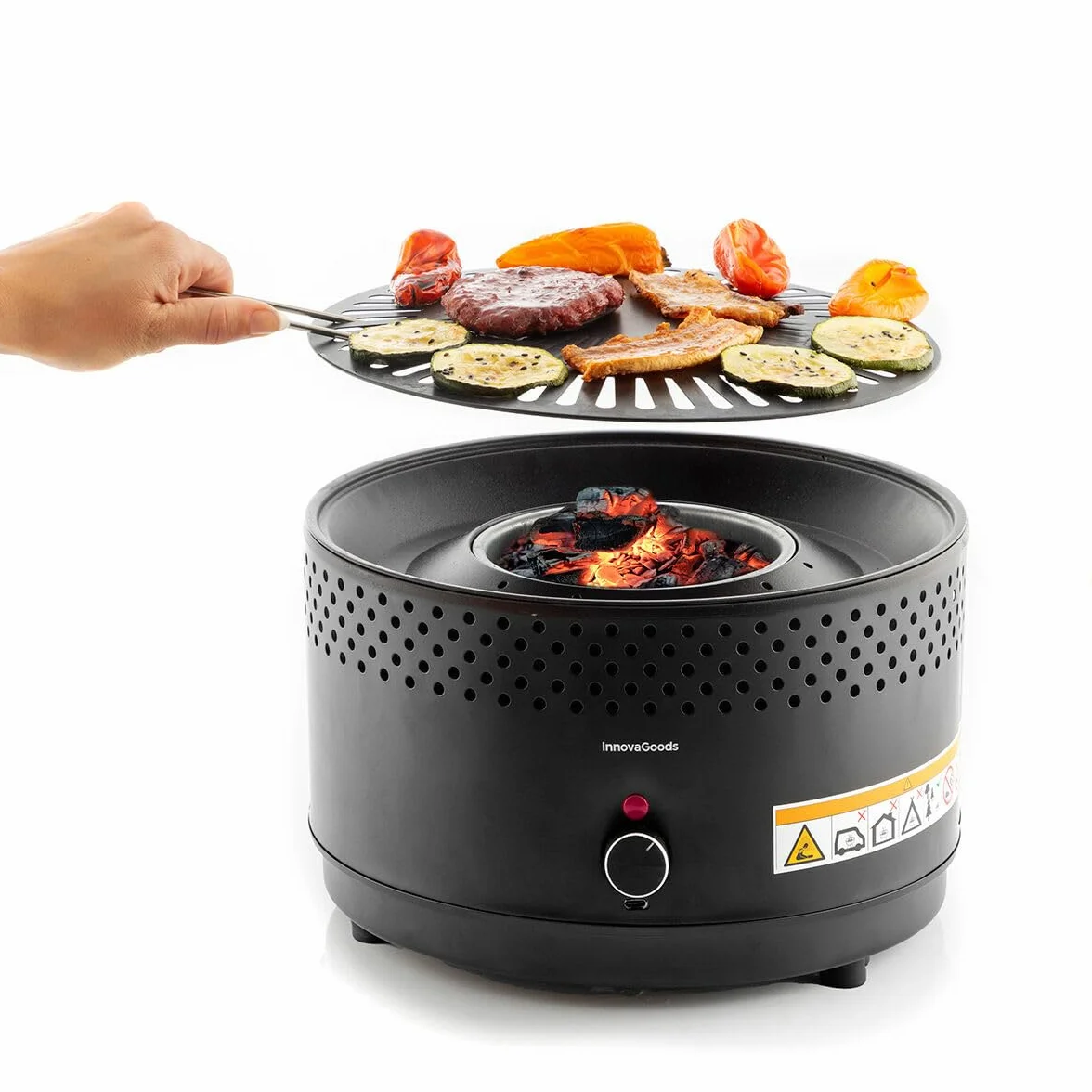 InnovaGoods® Grill stołowy, grill, bezdymny i bezzapachowy grill na węgiel drzewny, przenośny grill do wygodnego gotowania wewnątrz i na zewnątrz, z możliwością podłączenia baterii lub złącza USB-C