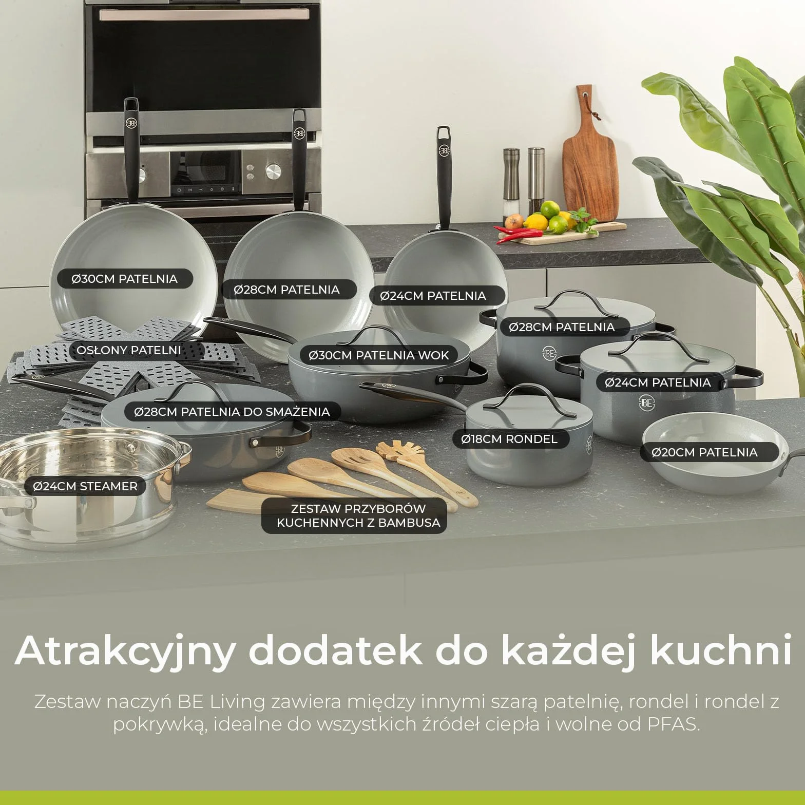 BE Living Essential 5-częściowy zestaw garnków, Ø 20, 24 i 28 cm patelnia do smażenia + Ø 30 cm patelnia do gotowania + Ø 28 cm, zestaw patelni, ceramiczne, bez PFAS, indukcja, szary