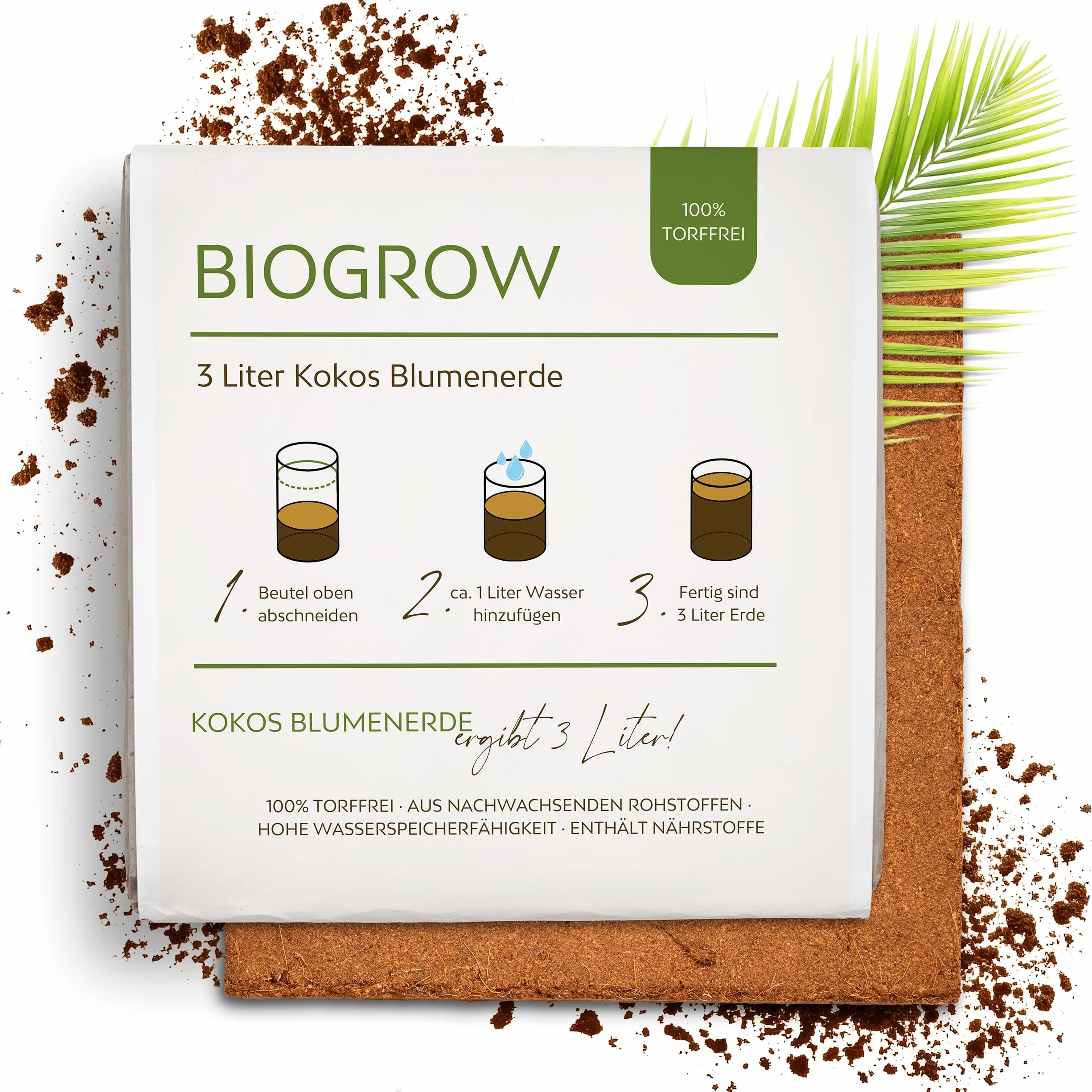 Organiczna ziemia kokosowa skompresowana w nadmuchiwanym worku - biodegradowalna ziemia bez torfu, składa się w 100% z włókna kokosowego (3 litry, 1 sztuka)