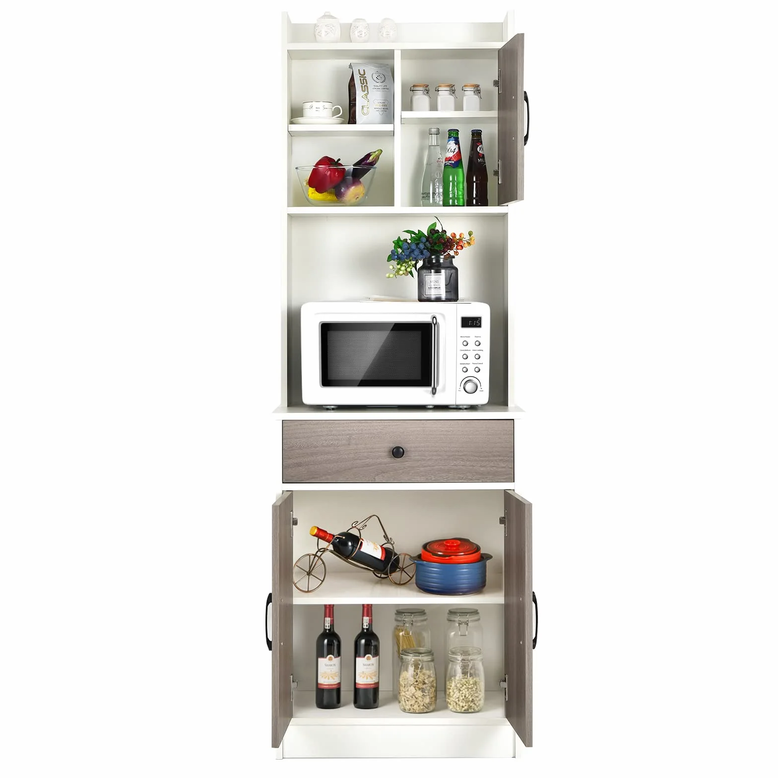 KOMFOTTEU Drewniana szafka bufetowa, szafka do przechowywania z 3 drzwiami, szufladą i regulowanym regałem, szafka kuchenna z otworami na przewody, szafa z witryną 60 x 40 x 180 cm (biała)