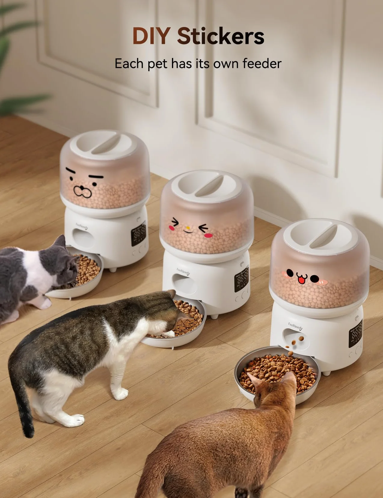 FEELNEEDY Automatyczny podajnik karmy dla kotów, dozownik karmy dla psów i kotów, indywidualny program do 6 posiłków/36 porcji dziennie, miska dla kota ze stali nierdzewnej, 3L
