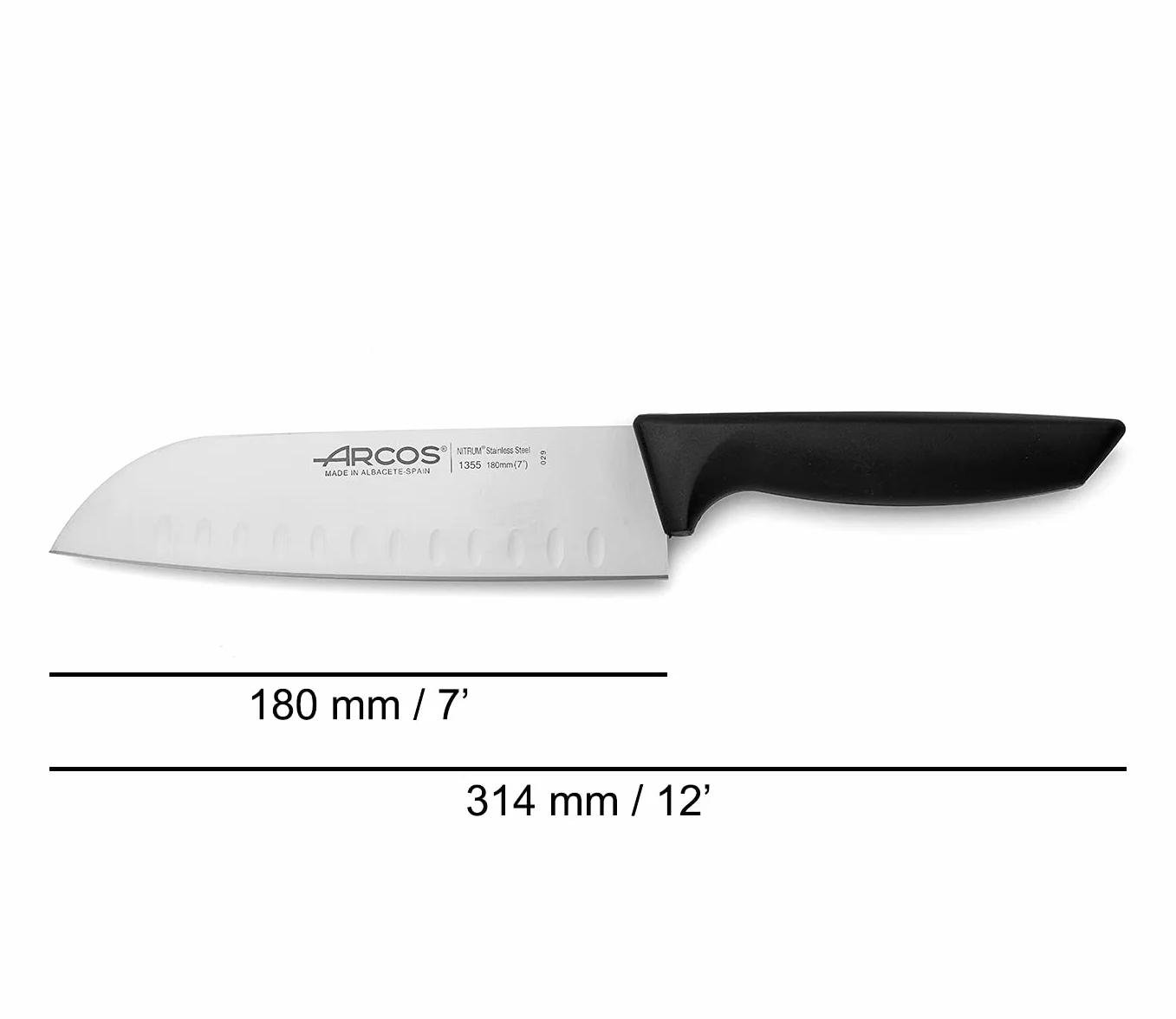 Arcos Seria 135500 Niza-santoku nóż nóż nóż nóż stal nierdzewna 180 mm (7,09 cala) - uchwyt polipropylenowy kolor czarny, 18/8