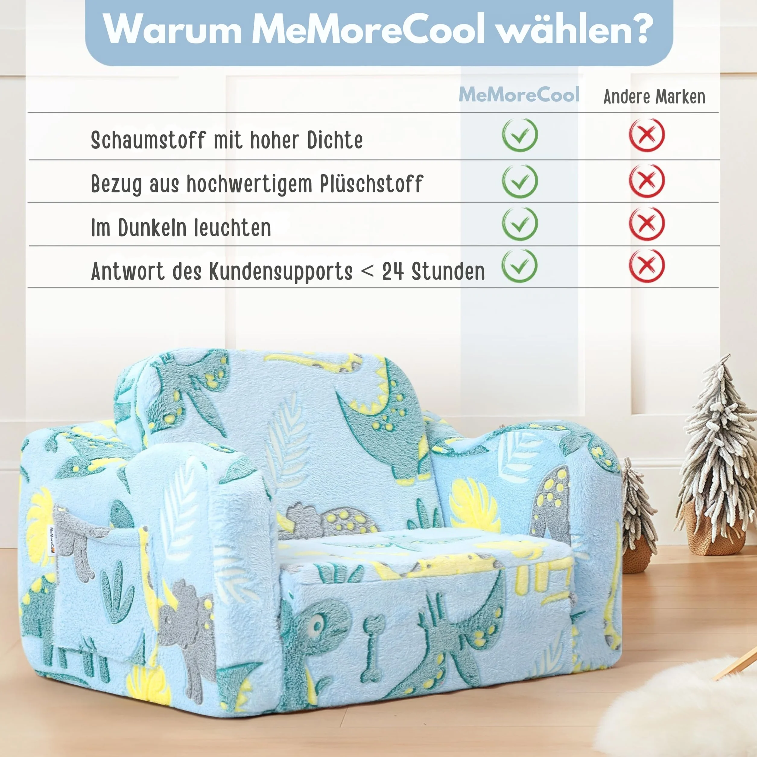 MeMoreCool Dziecięca Rozkładana 2 w 1, Sofa do Spania i Zabawy z Niebieskim Dinozorem