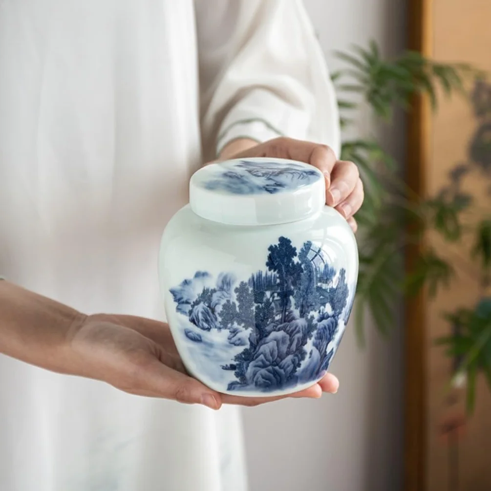 Słoik na cukier ceramiczny pojemnik do przechowywania herbaty słoik kuchnia przyprawy zamknięty chiński zestaw podwójne pudełko prezentowe pojemnik na herbatę (pojedyncza puszka (niebieski))