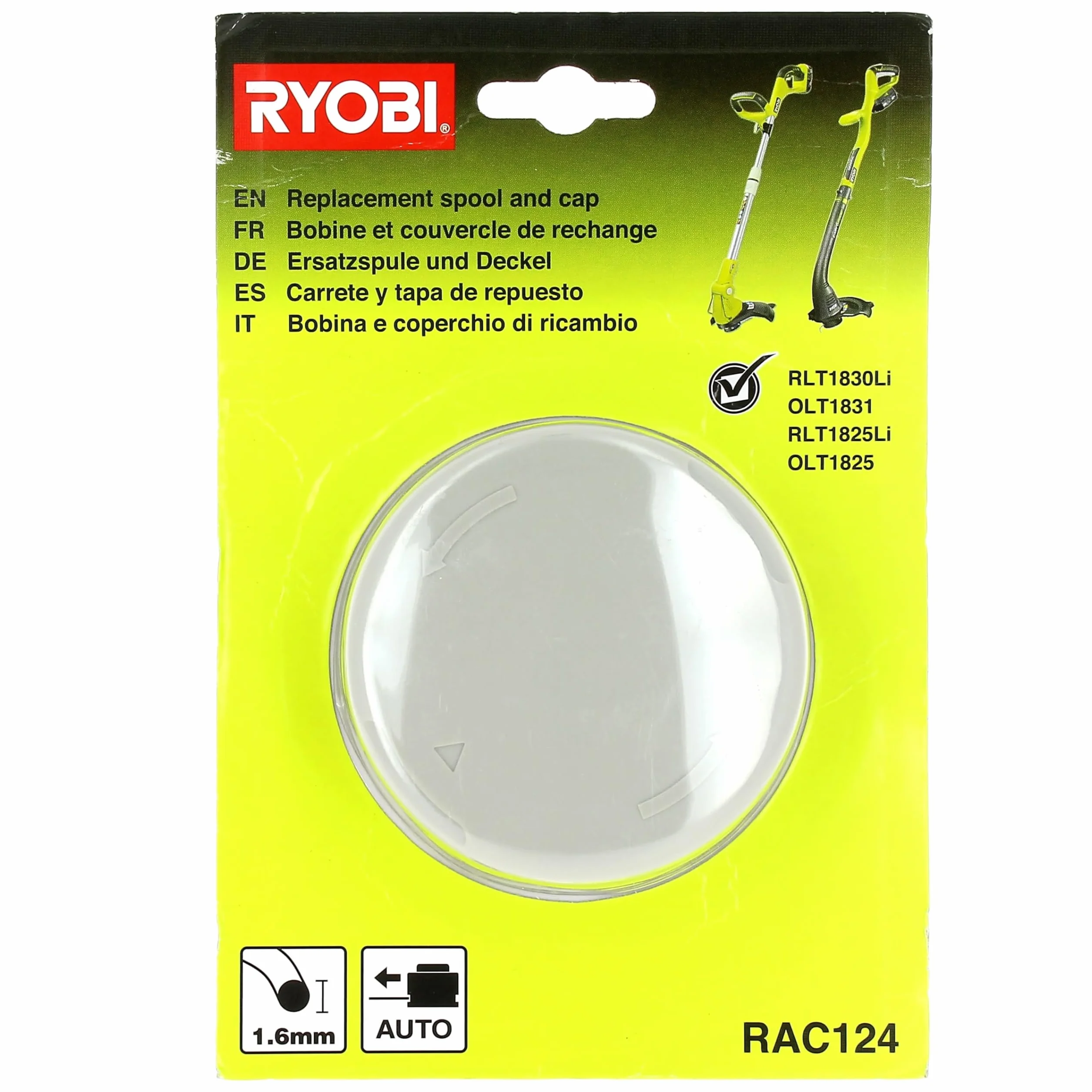 Ryobi Szpula z Żyłką 1.6 mm RAC124, Kompatybilne ze Wszystkimi Bezprzewodowymi i Hybrydowymi Podkaszarkami Ryobi 18V