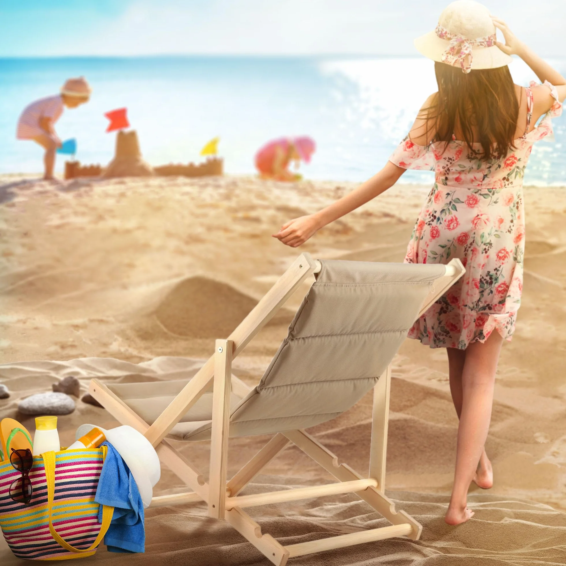 KADAX Leżak drewniany nośność 120 kg cappuccino, bukowy stelaż składany, z zagłówkiem, wygodny wypoczynek na plaży, tarasie i balkonie