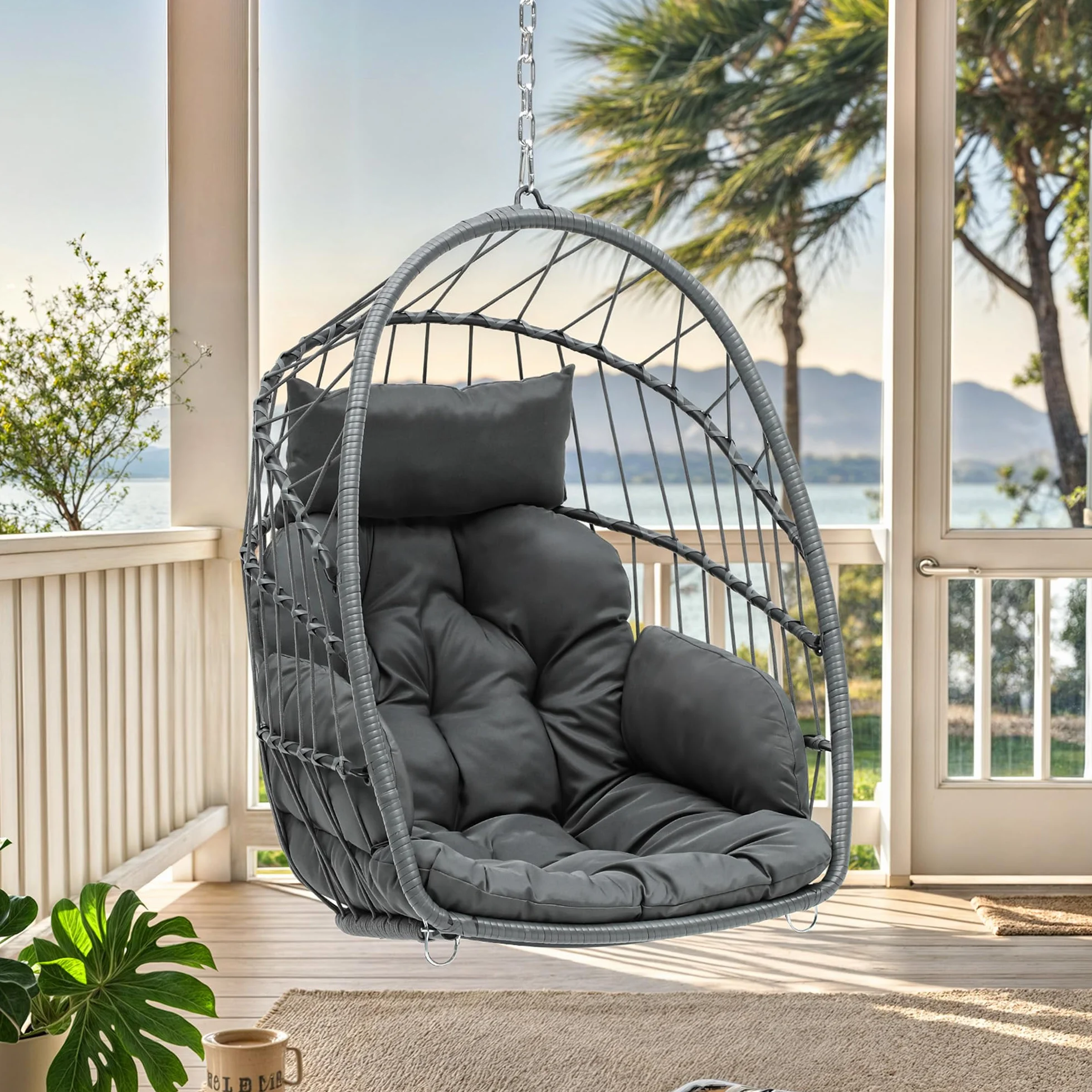 YITAHOME Wiszące Krzesło Do Jajek z 2 Poduszkami - Maksymalne Obciążenie 150 kg, 105 x 74 x 72 cm, Żelazna Stabilna Rama Stalowa, z Łańcuszkiem i Haczykiem