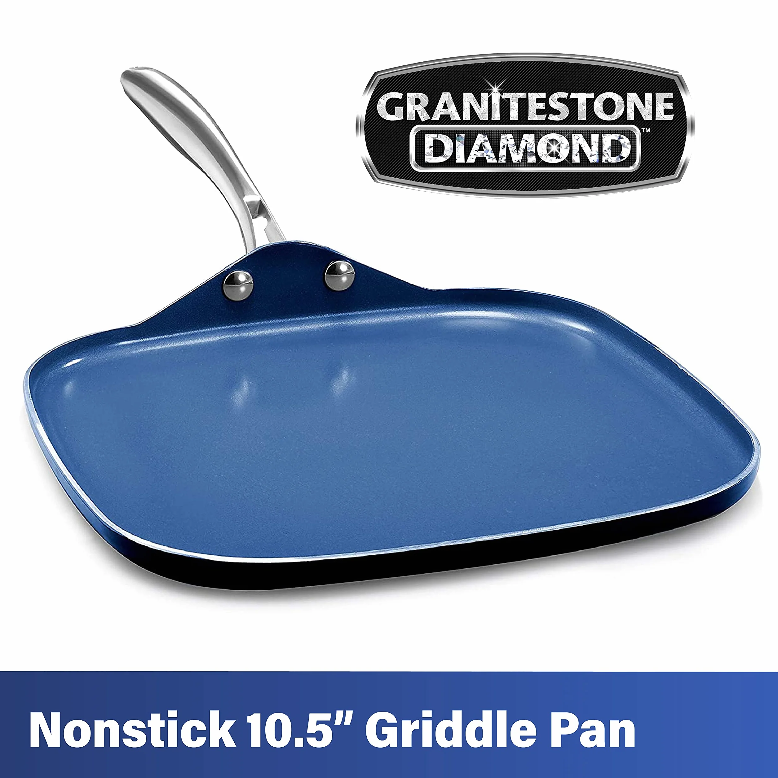 Granitestone Niebieska nieprzywierająca patelnia do grillowania 26,5 cm z ultra trwałą mineralną i diamentową potrójnie powlekaną powierzchnią, uchwyt ze stali nierdzewnej, nadaje się do piekarnika i