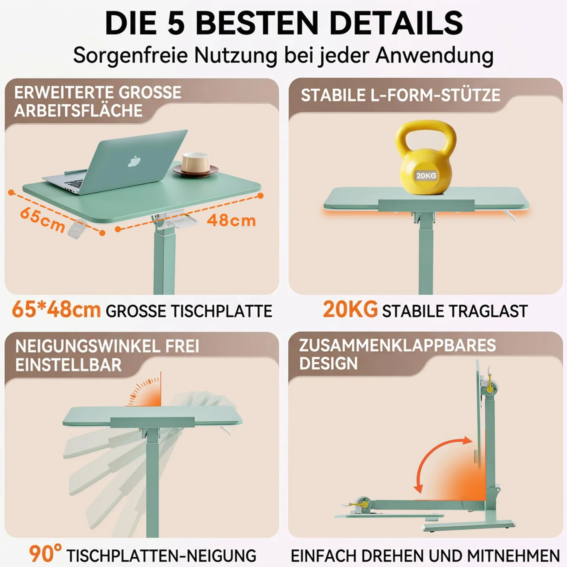 MUSSO AnyDesk D7 Przenośny stolik do łóżka, mobilne biurko z regulacją wysokości (75-108 cm), składany stojak 0-90°, ergonomiczny uchwyt do pracy, sofy i łóżka (zielony, 1 sztuka)