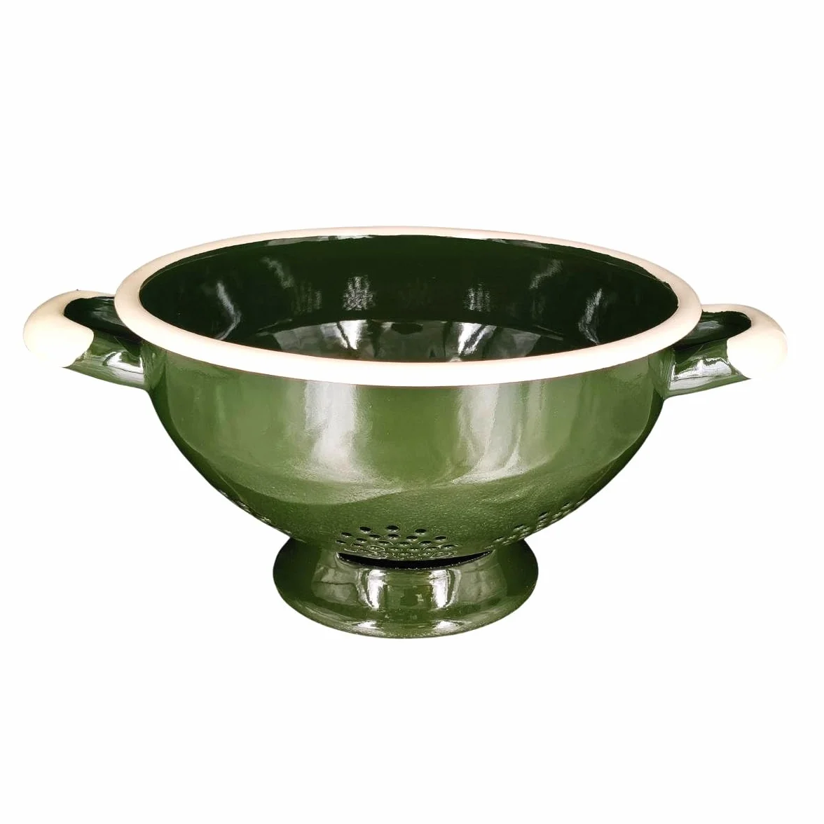 Durszlak emaliowany zielony na nóżce 2,4 L ręcznie robiony stal emaliowana styl retro vintage rustykalny farmhouse do makaronu warzyw i owoców średnica 22 cm
