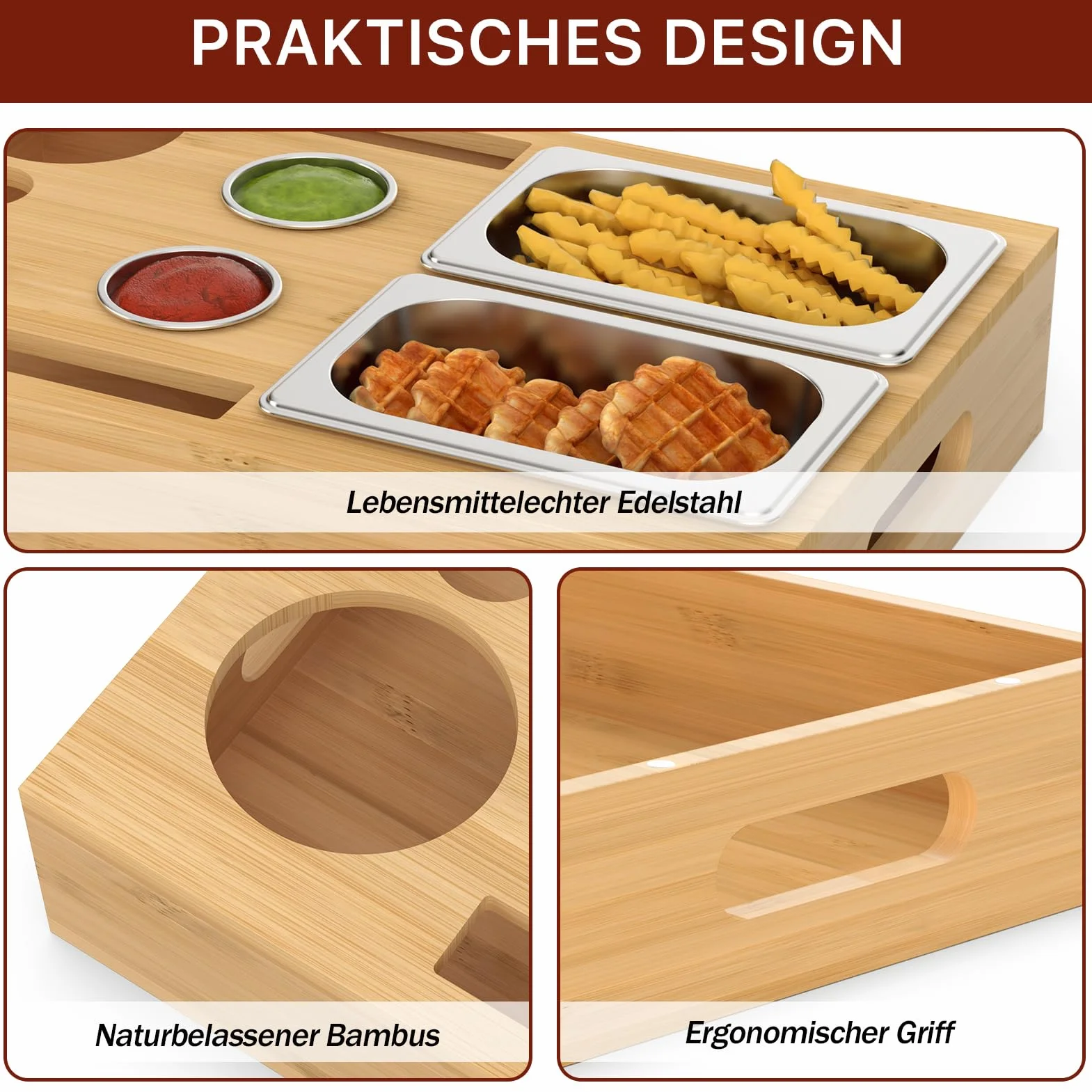 Yeabett Couchbar pudełko na przekąski z 2 + 2 miseczkami ze stali nierdzewnej i miseczkami na przyprawy, kanapa z wyjmowaną pokrywą magnetyczną na sofę, łóżko, kemping (bambus i stal nierdzewna