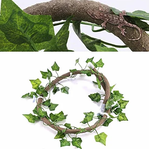 Gałąź wspinaczkowa dla gadów Rattanowa dekoracja terrarium z przyssawkami i realistycznym liściem dla jaszczurki kameleona Gecko