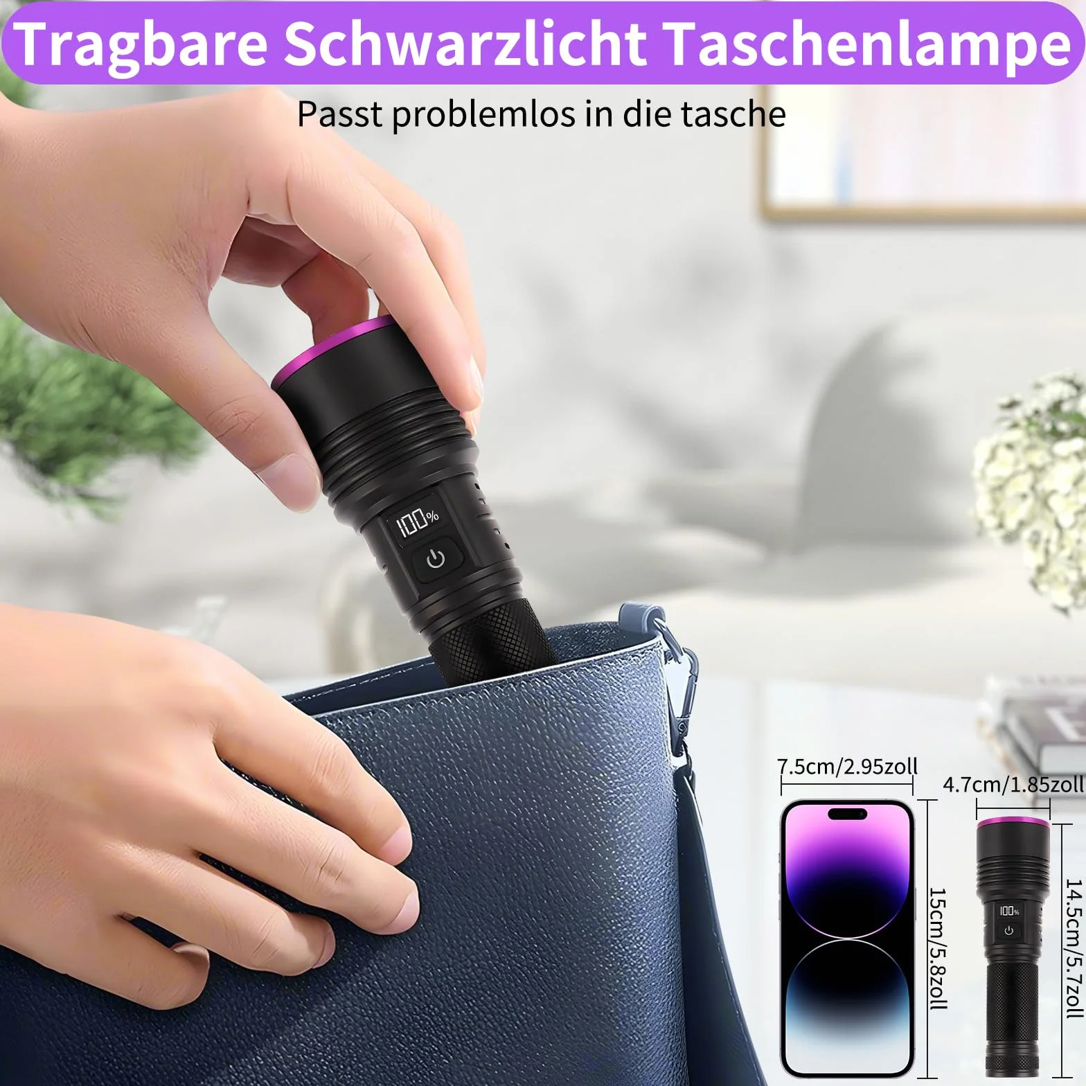 Latarka UV, 20 W, czarne światło, 365 nm, wodoszczelna latarka LED, ładowana, 5000 mAh, światło UV, do wykrywania moczu zwierząt domowych, bursztynu, skorpiona, minerałów, podróży, nad łóżkiem