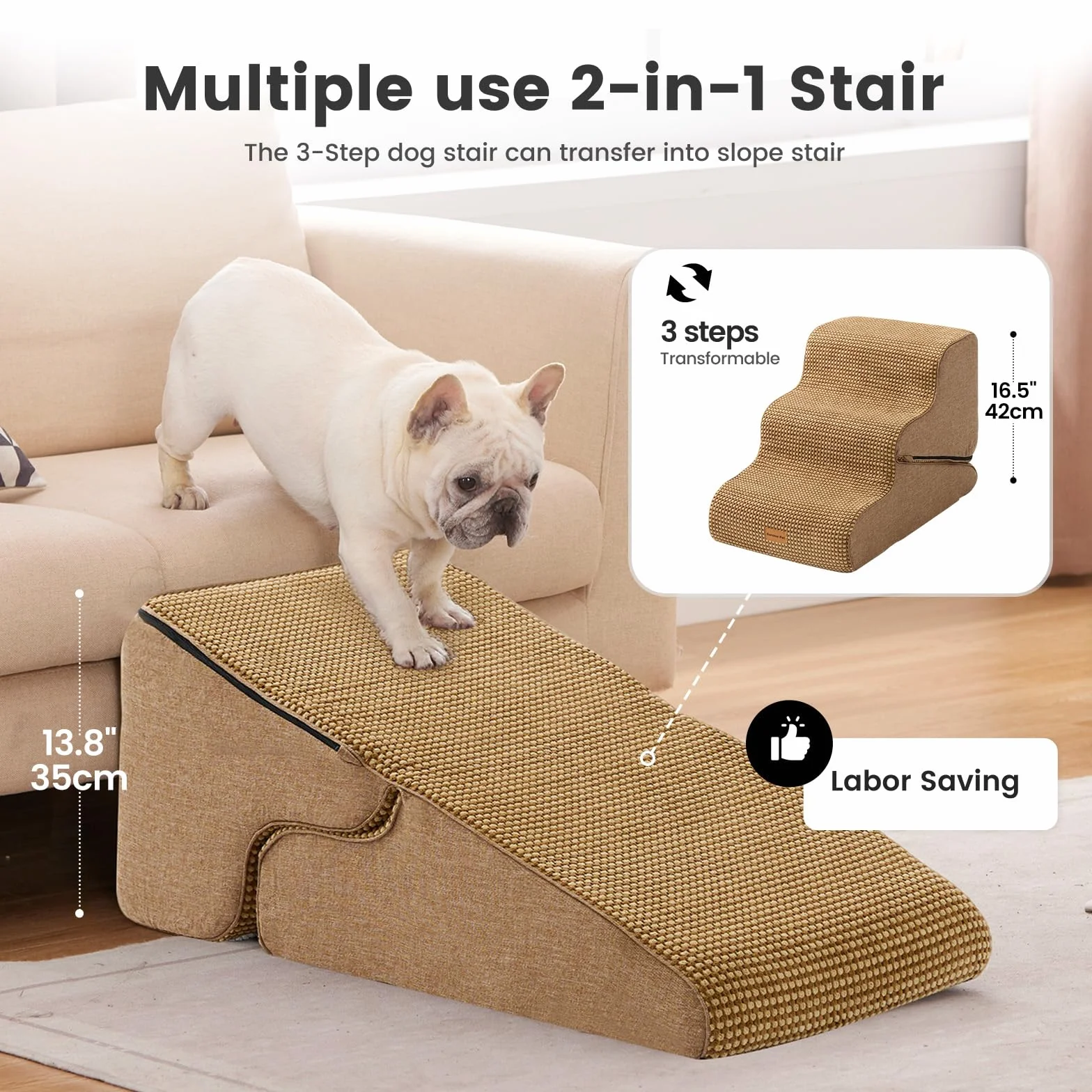 Gardner Pet Schody dla małych psów 35/42 cm, schody dla zwierząt domowych, 3 stopnie, rampa dla psów z gęstej pianki z antypoślizgowym, wodoodpornym pokrowcem materiałowym, na łóżko, sofę, kanapę i