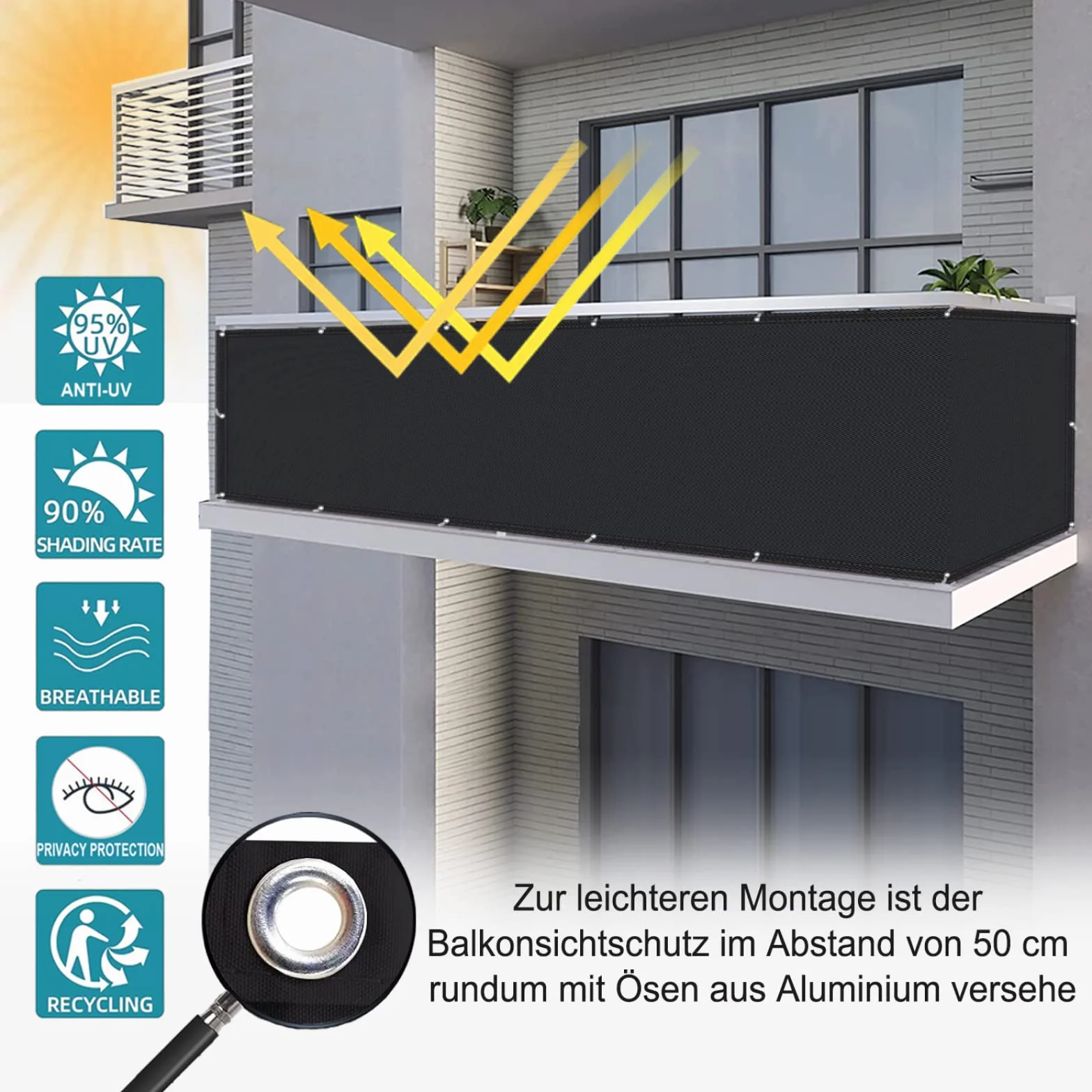 Osłona balkonowa 100 x 500 cm, bardzo nieprzejrzysta, odporna na warunki atmosferyczne, na balustradę balkonową, do ogrodu, na balkon, bez wiercenia, czarna